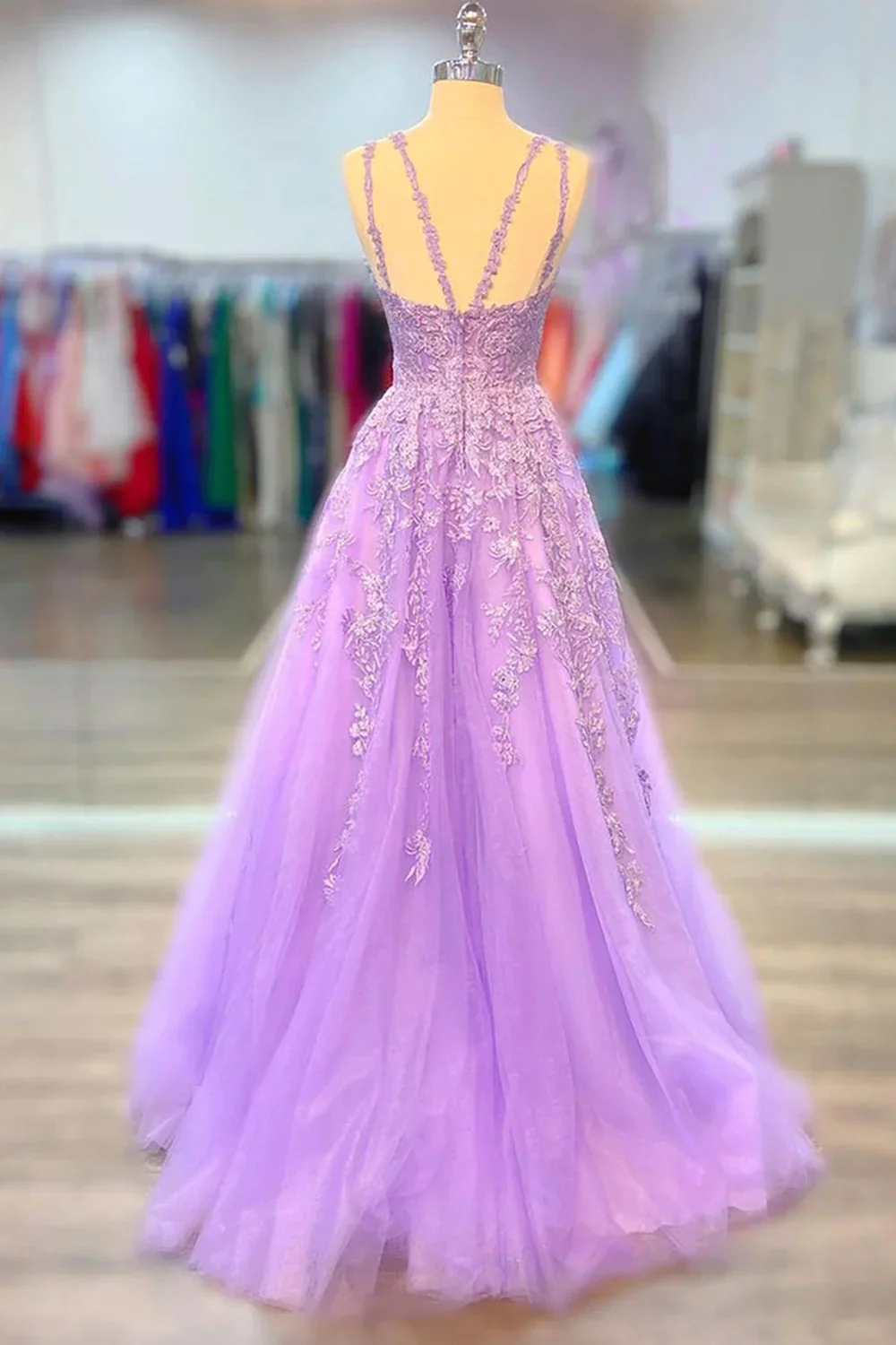 Solvbao A-line Tulle Princess Light Purple Prom Dress with Appliques, Tulle Straps Formal Dress - Deanwangkt