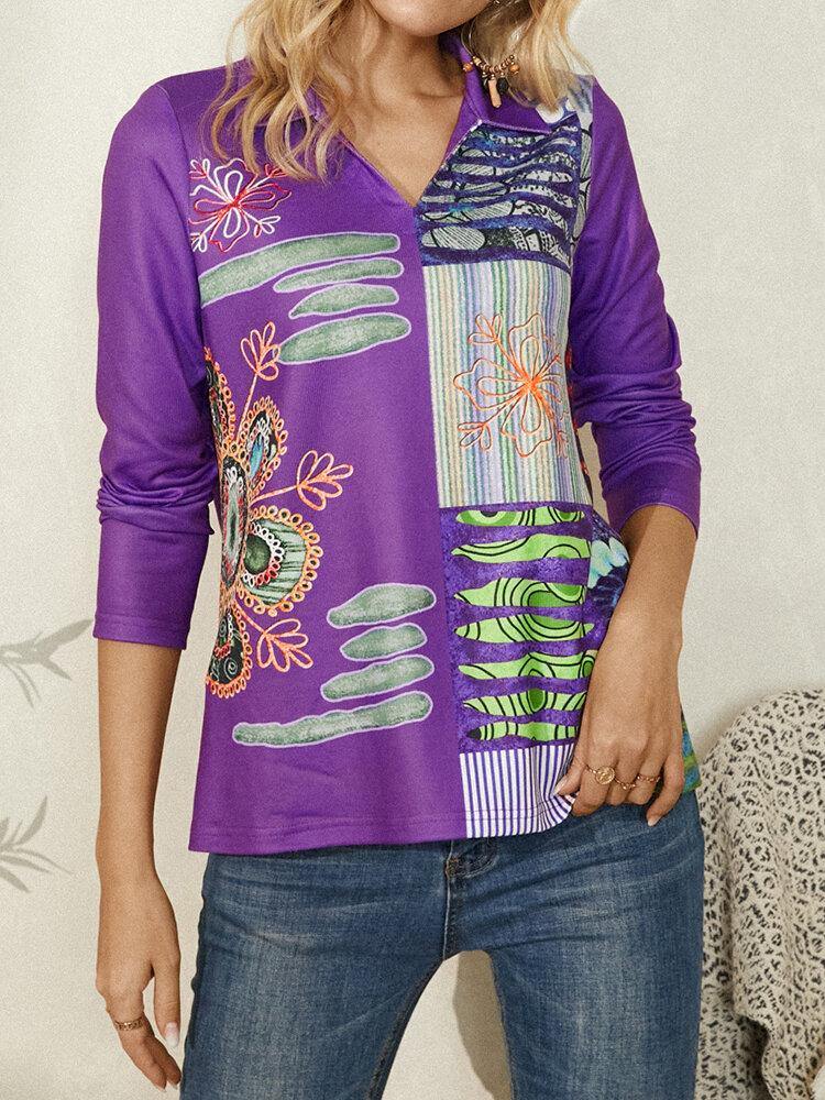 deanwangkt Ethnic Style Abstract Print Lapel Long Sleeve Blouse For Women - Deanwangkt