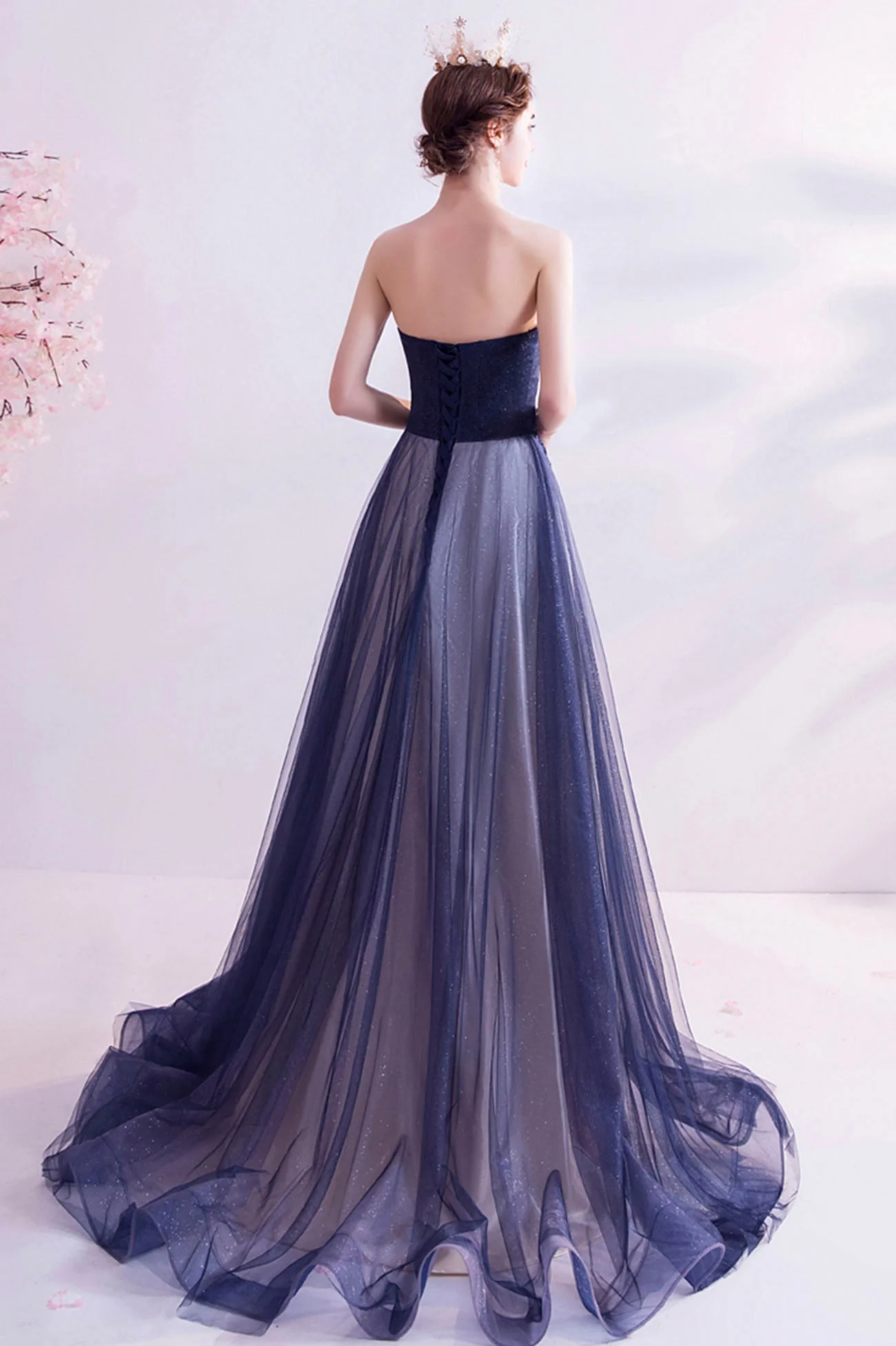 solvbao Blue Strapless Tulle Long Prom Dresses, A-Line Evening Dresses - Deanwangkt