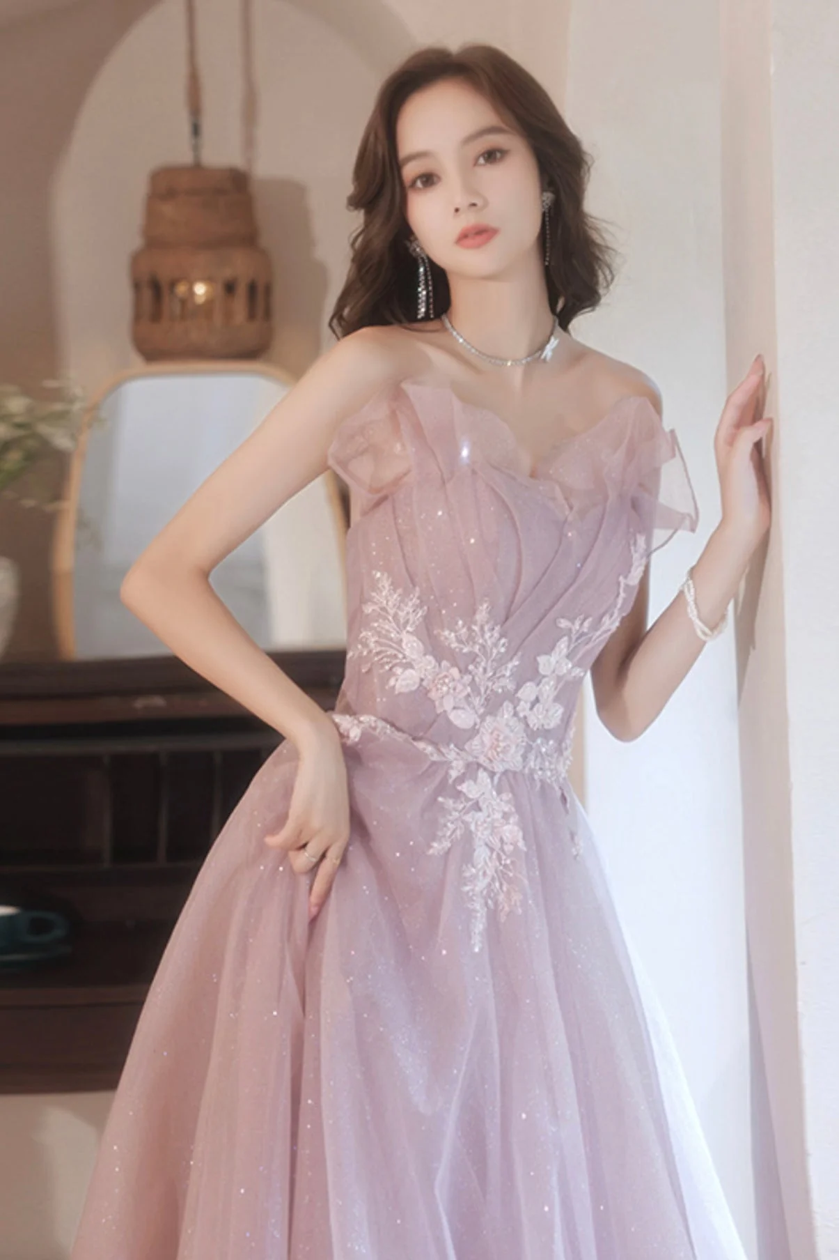 solvbao Pink Tulle Lace Long Prom Dresses, A-Line Evening Dresses - Deanwangkt