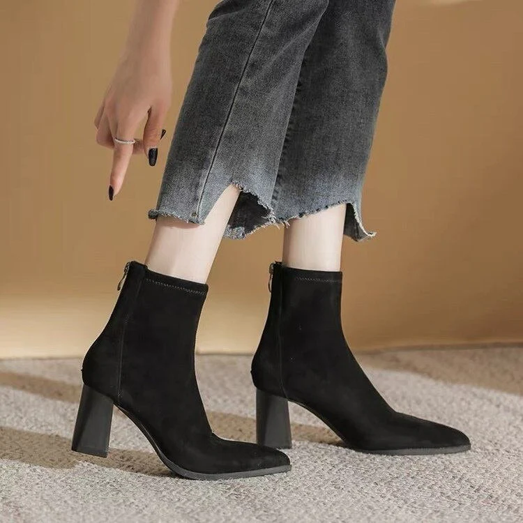 deanwangkt Shoes for Women Fashion Zipper Mid Sleeve Boots Autumn Classic Elegant Women's Boots Solid Pointed Toe Single Shoe - Deanwangkt