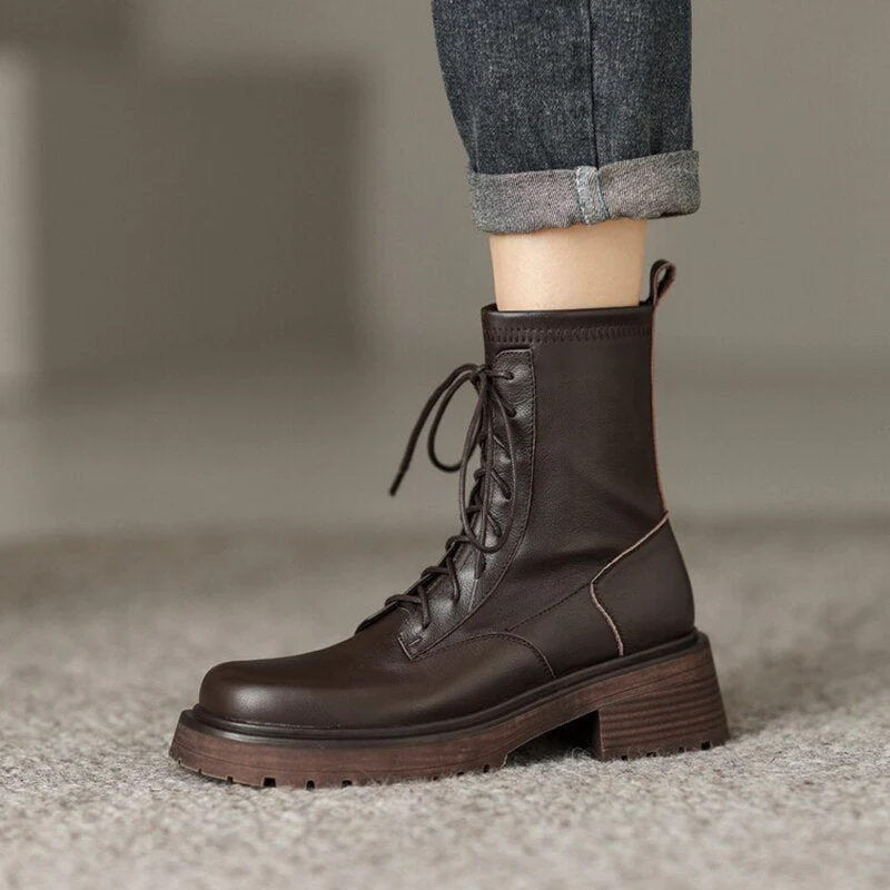 deanwangkt Autumn Boots     NEW Fall Shoes Women Stretch Fabric Split Leather Boots Round Toe Chunky Heel Boots for Women Platform Boots Women Modern Boots - Deanwangkt