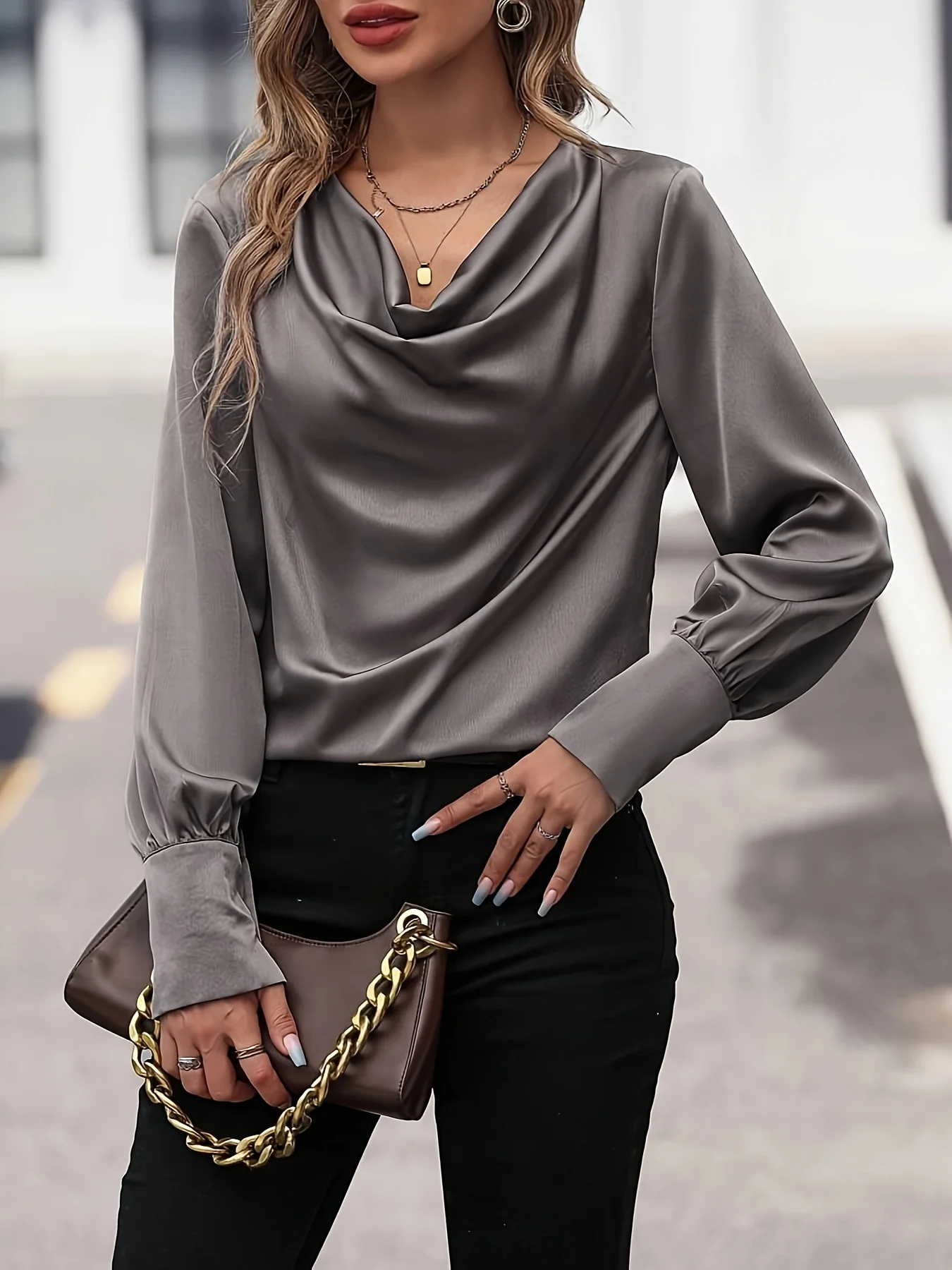 deanwangkt Solid Cowl Neck Blouse, Elegant Long Sleeve Blouse For Spring & Fall, Women's Clothing - Deanwangkt