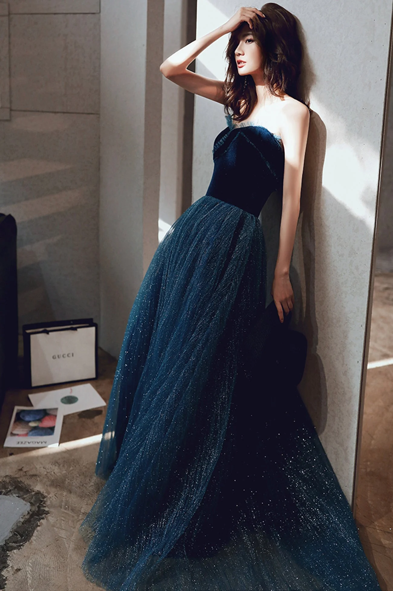 solvbao Blue Velvet Tulle Long Formal Evening Dresses, A-Line Graduation Dresses - Deanwangkt