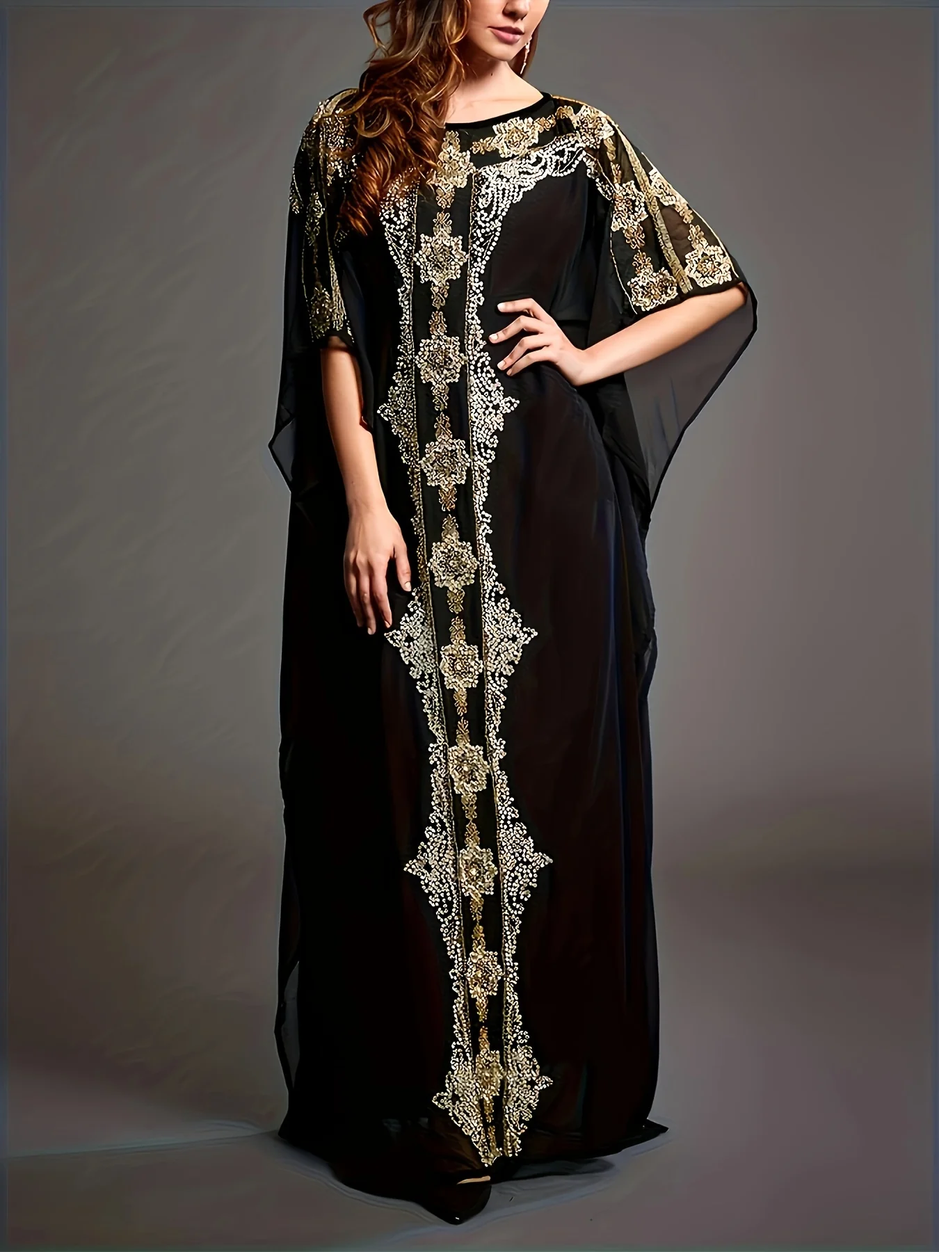 Contrast Trim Batwing Sleeve Kaftan Dress, Elegant Maxi Length Crew Neck Dress, Women's Clothing - Deanwangkt