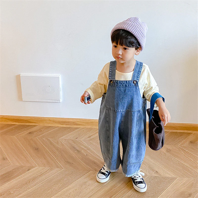 deanwangkt  New Children Loose Overalls boys girls casual all-match denim Trousers Autumn Solid Outwear 1-7Y Kids fashion bib pants - Deanwangkt