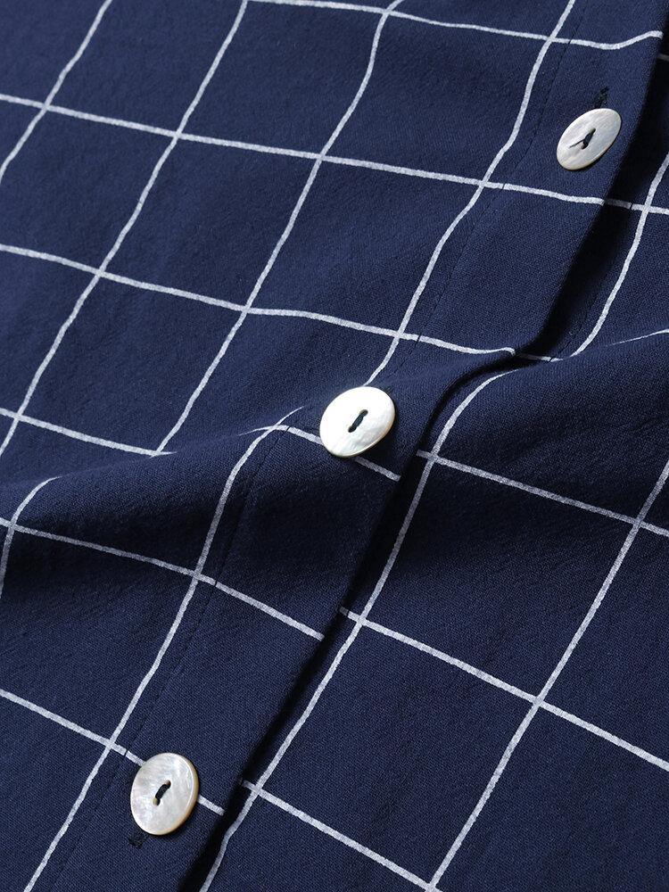 deanwangkt Women Grid Stand Collar Long Sleeve Casual Shirt Dresses With Sleeve Tabs - Deanwangkt