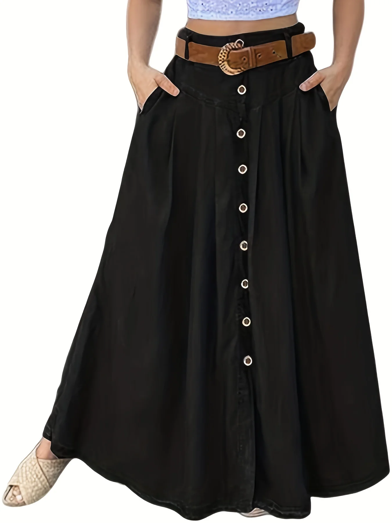 Button Up Maxi Skirt Without Belt, Solid Vacation Casual Skirt, Women's Clothing - Deanwangkt