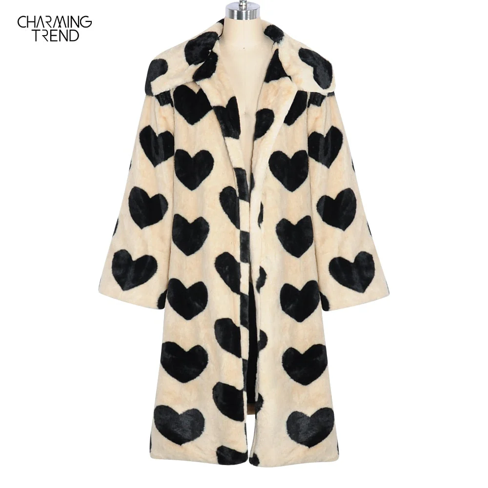 deanwangkt Winter Women Warm Faux Fur Coat Love Pattern Women Long Coat Turn Down Collar Women Warm Plush Coat Classic Coat Loose - Deanwangkt