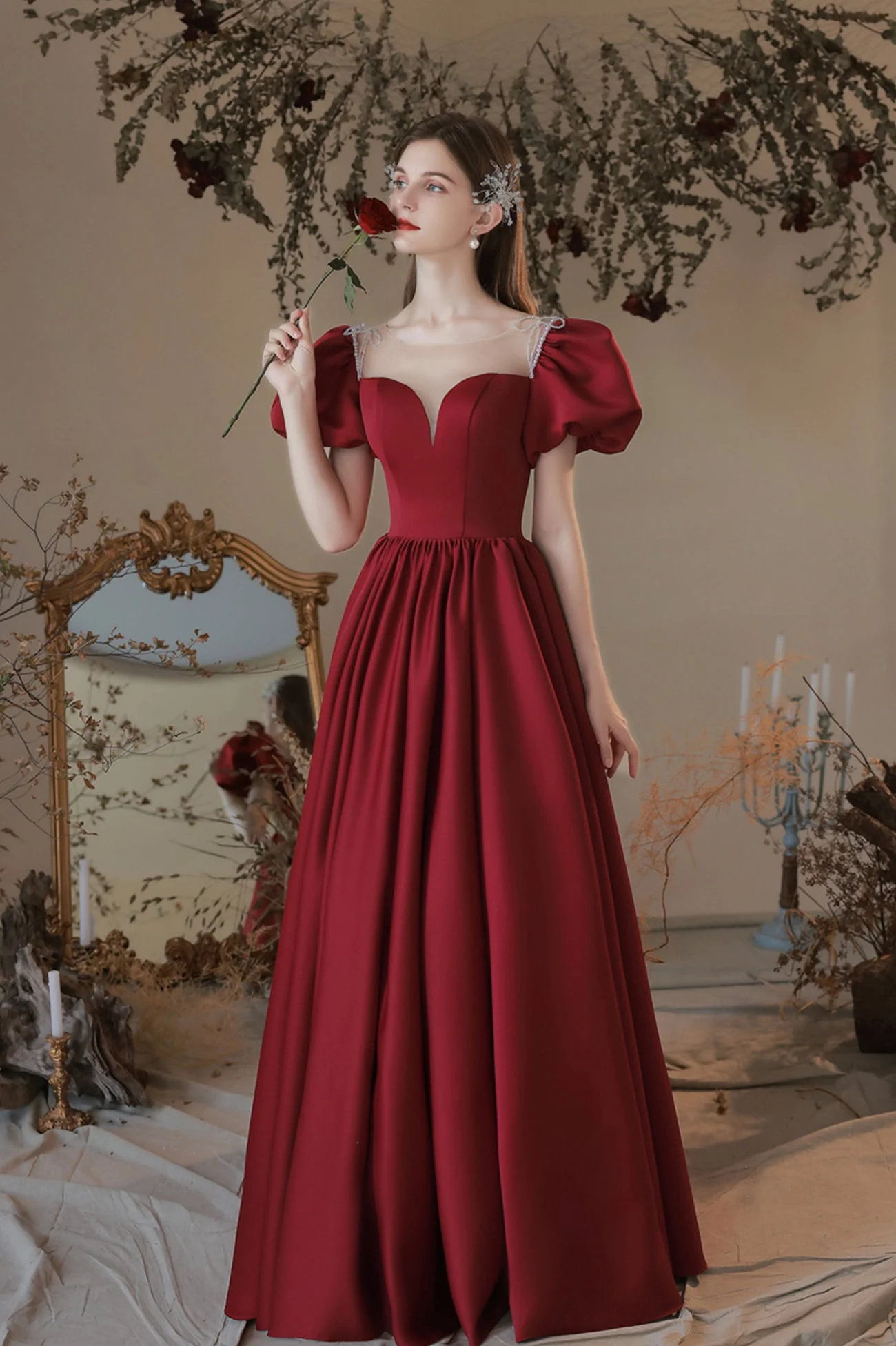 solvbao Burgundy Satin Long Prom Dress, Lovely A-Line Short Sleeve Graduation Dress - Deanwangkt