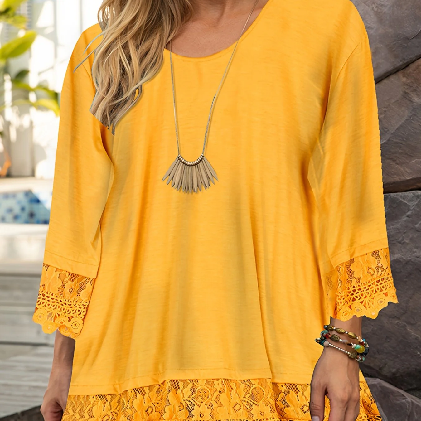 Plus Size Casual Blouse, Women's Plus Solid Contrast Lace Trim Half Sleeve Round Neck Slight Stretch Top - Deanwangkt