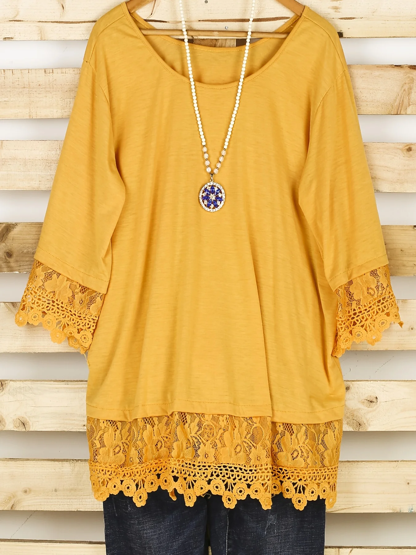 Plus Size Casual Blouse, Women's Plus Solid Contrast Lace Trim Half Sleeve Round Neck Slight Stretch Top - Deanwangkt