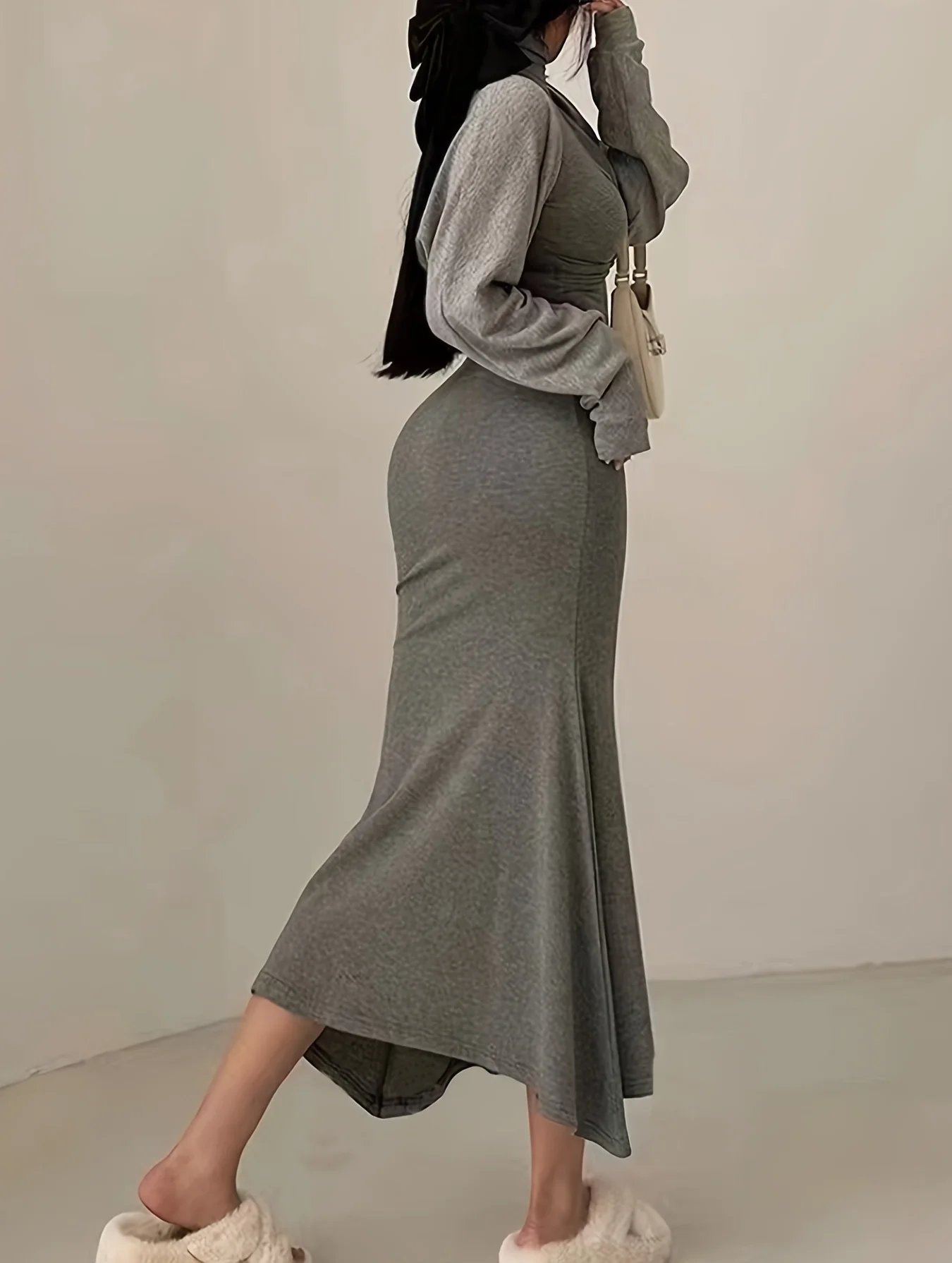 Twist Front Long Sleeve Trumpet Dress, Casual Turtle Neck Slim Dress For Spring & Fall, Women's Clothing - Deanwangkt