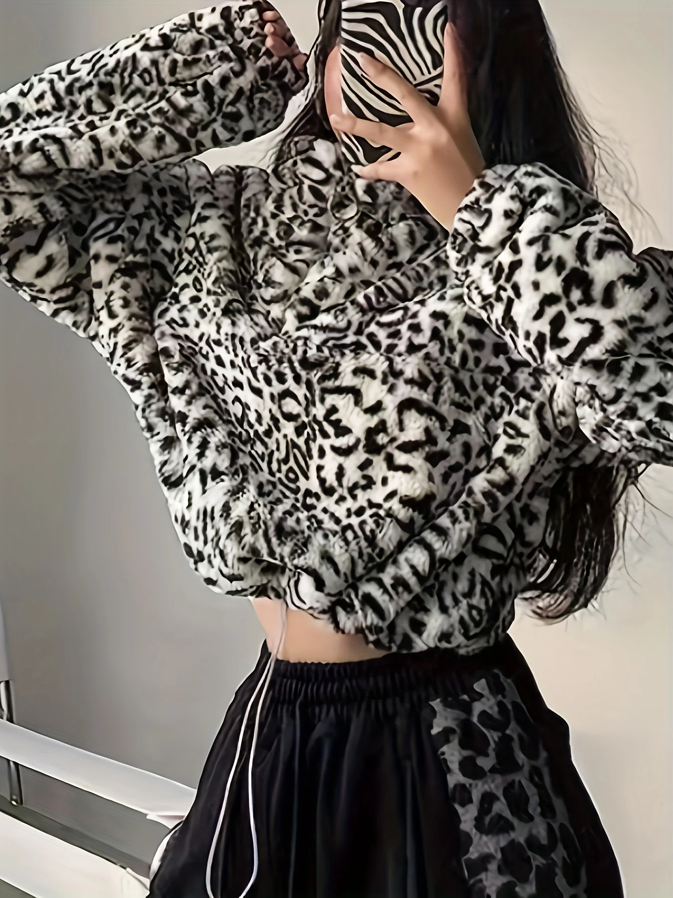 Leopard Plush Half Zipper Coat, Casual Long Sleeve Drawstring Crop Coat, Women's Clothing - Deanwangkt