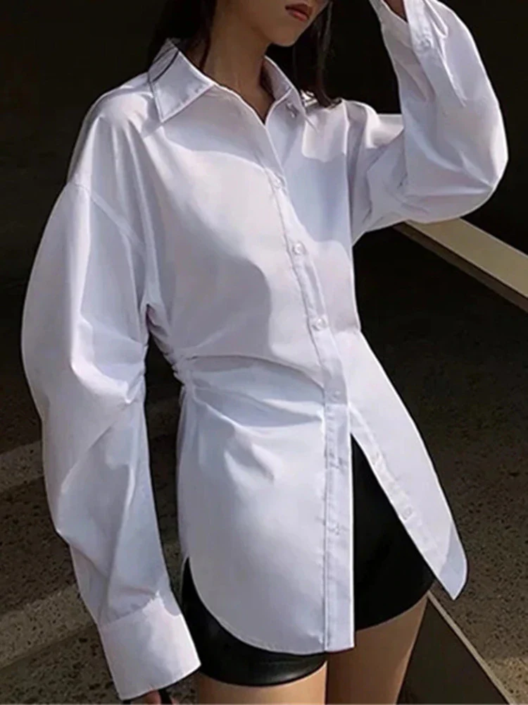 deanwangkt White Slim Shirt For Women Lapel Long Sleeve Solid Minimalist Button Through Blouse Female Spring Clothing  New - Deanwangkt