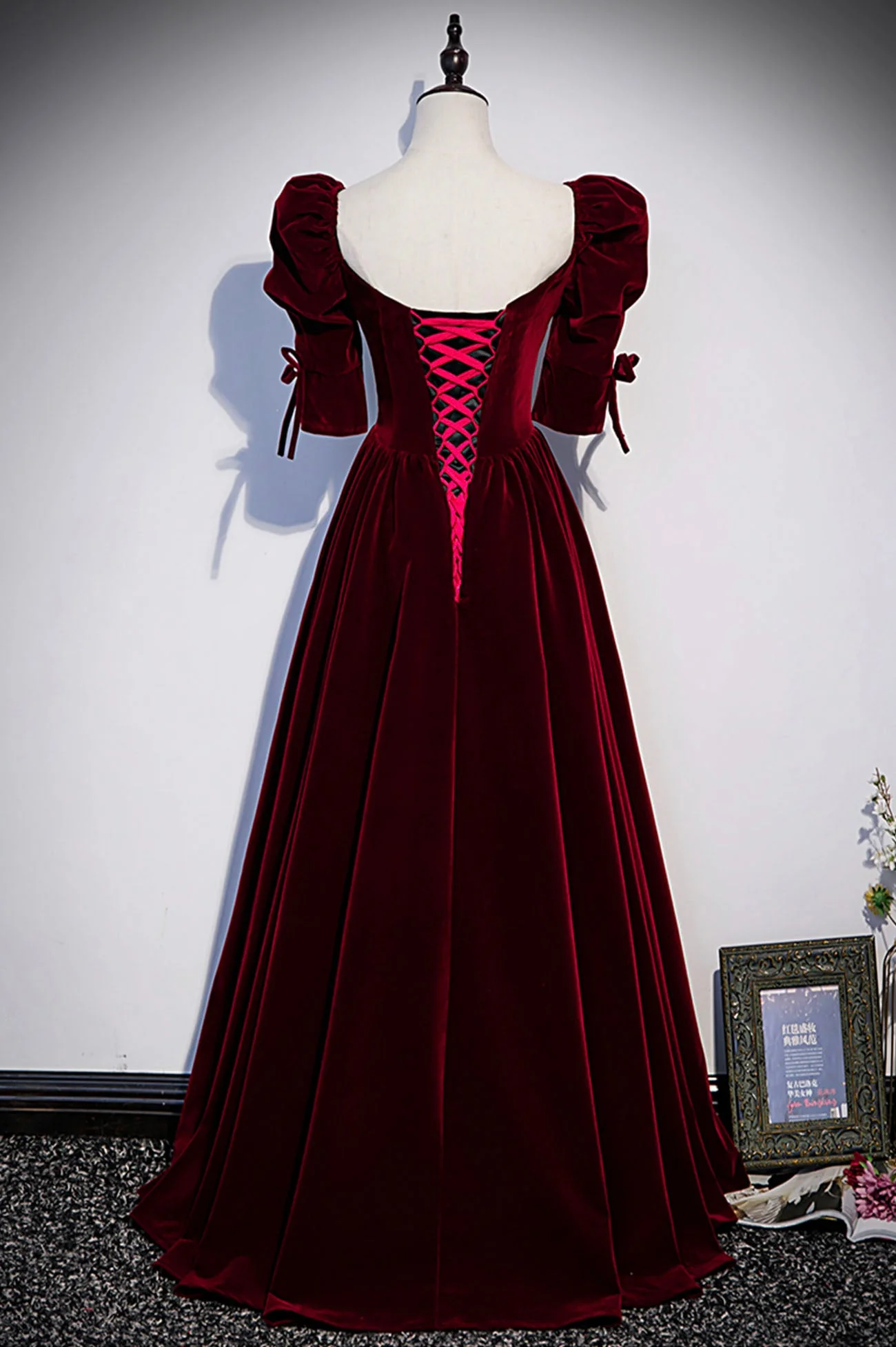 solvbao Burgundy Velvet Long Prom Dresses, A-Line Short Sleeve Evening Dresses - Deanwangkt
