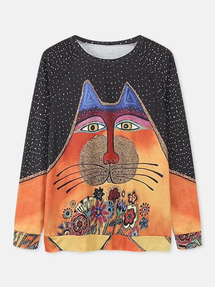 deanwangkt Women Cartoon Cat Spot Print Round Neck Casual Raglan Sleeve Blouses - Deanwangkt