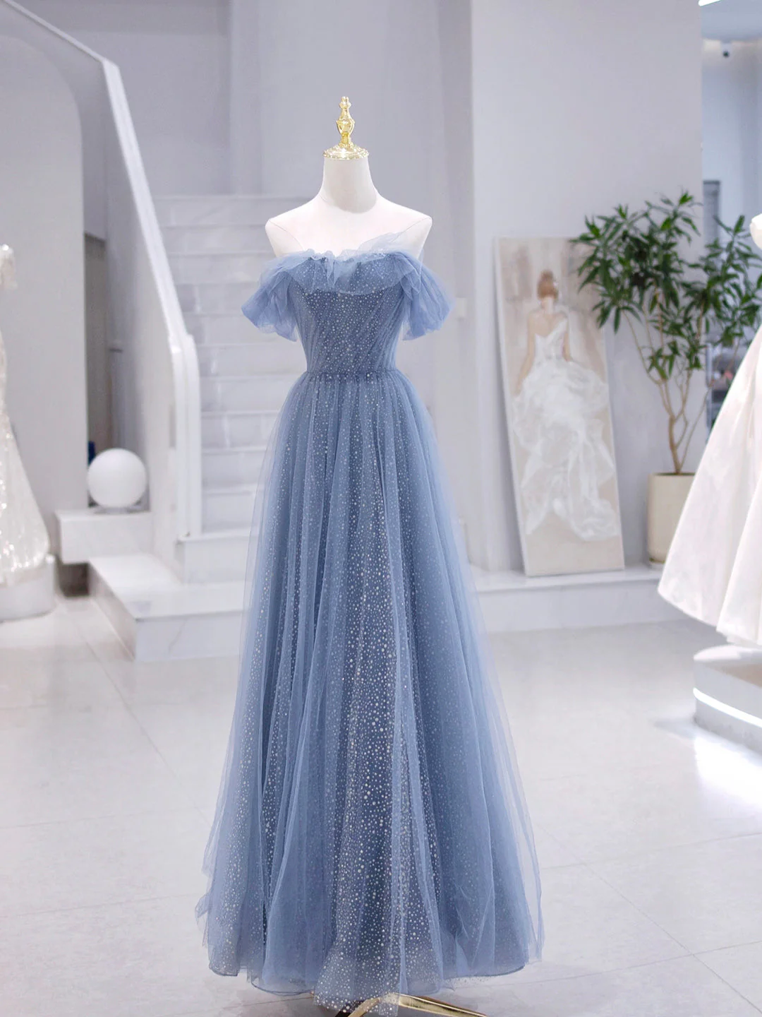 solvbao Blue Strapless Tulle Long Prom Dress, Blue A-Line Evening Dress - Deanwangkt