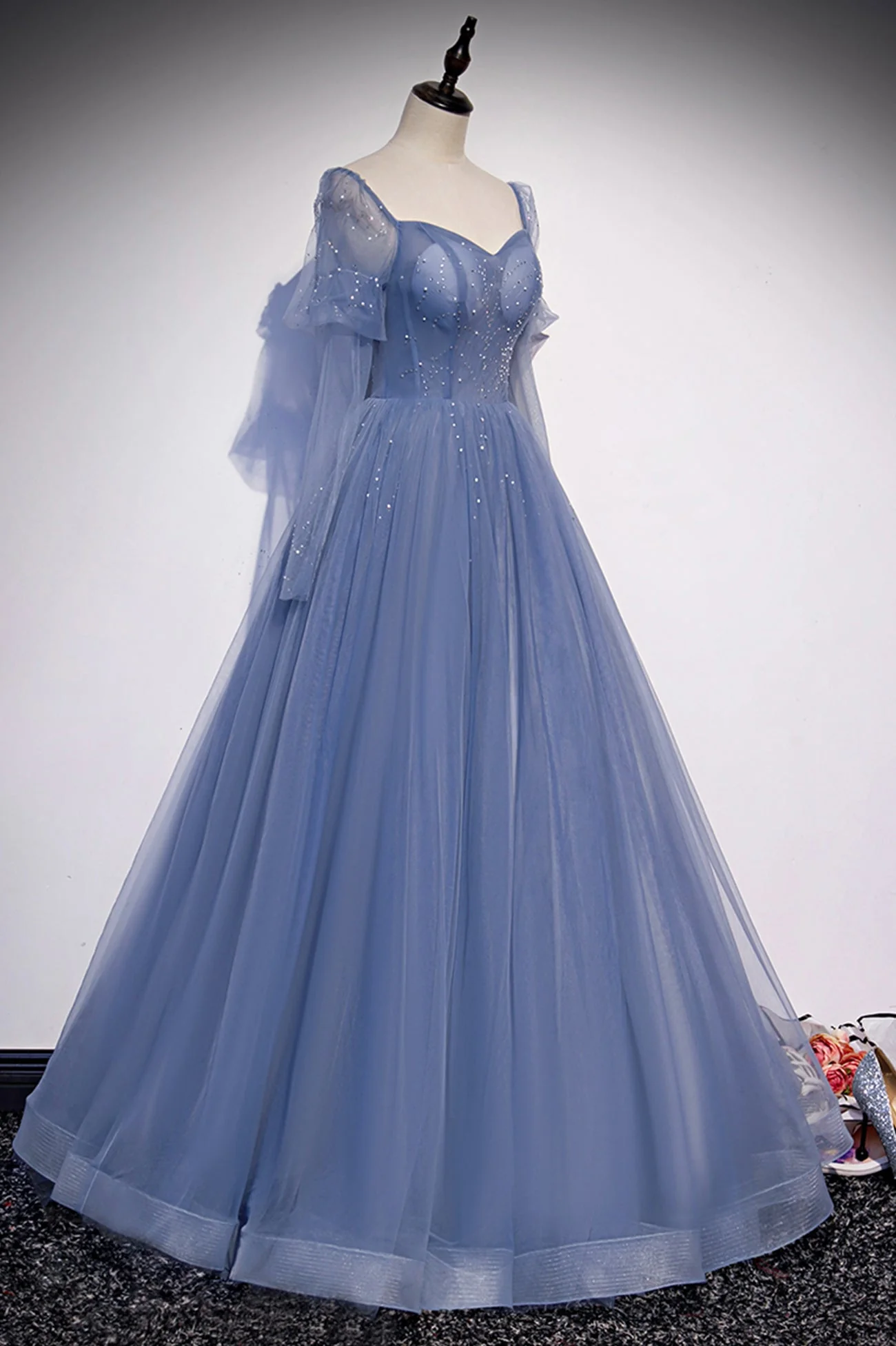 solvbao Blue Tulle Beading Long Prom Dresses, A-Line Formal Evening Dresses - Deanwangkt