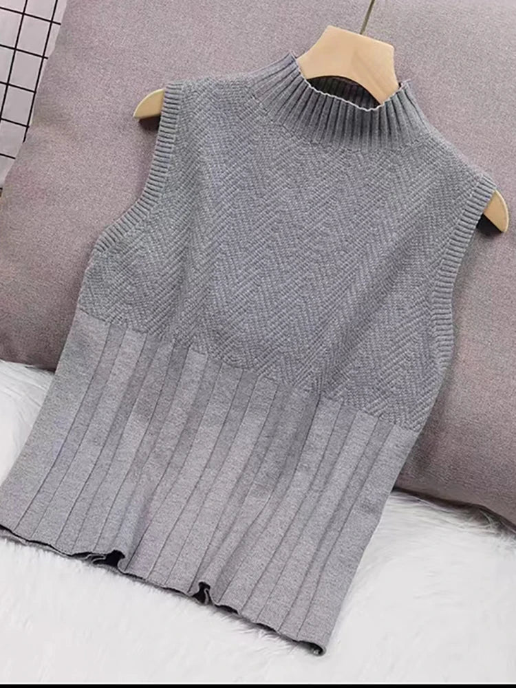 deanwangkt Women Summer Casual Knitted Tank Tops Solid Sleeveless Half High Collar Slim Base Shirt Sexy Top Knitwear Y2k High Street - Deanwangkt