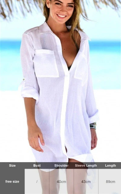 Sexy New Shirt Beach Up White Beach Dress Loose Blouse Tunic Pocket Long Sleeve Swimsuit Cover Up Casual Beachwear - Deanwangkt