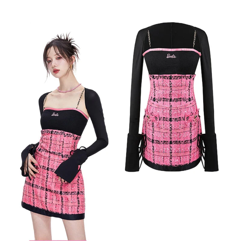 Joskka Barbie Pink Style Fragrance Sling Waistcoat Two-Piece A-Line Dress Slim Fit Women Party Dress Fashion Girl - Deanwangkt