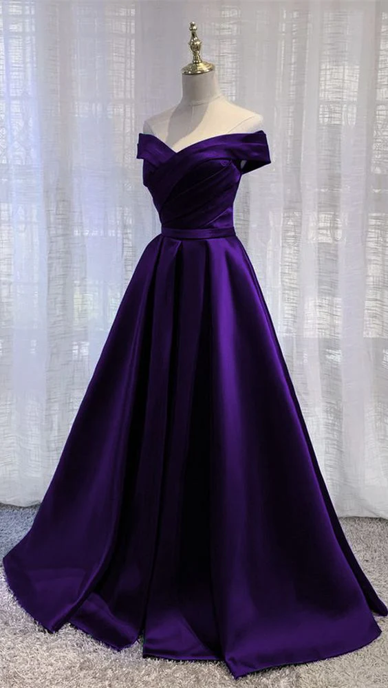 Solvbao Simple Off Shoulder Satin Long Prom Dress, Dark Purple Party Dress Evening Gown - Deanwangkt