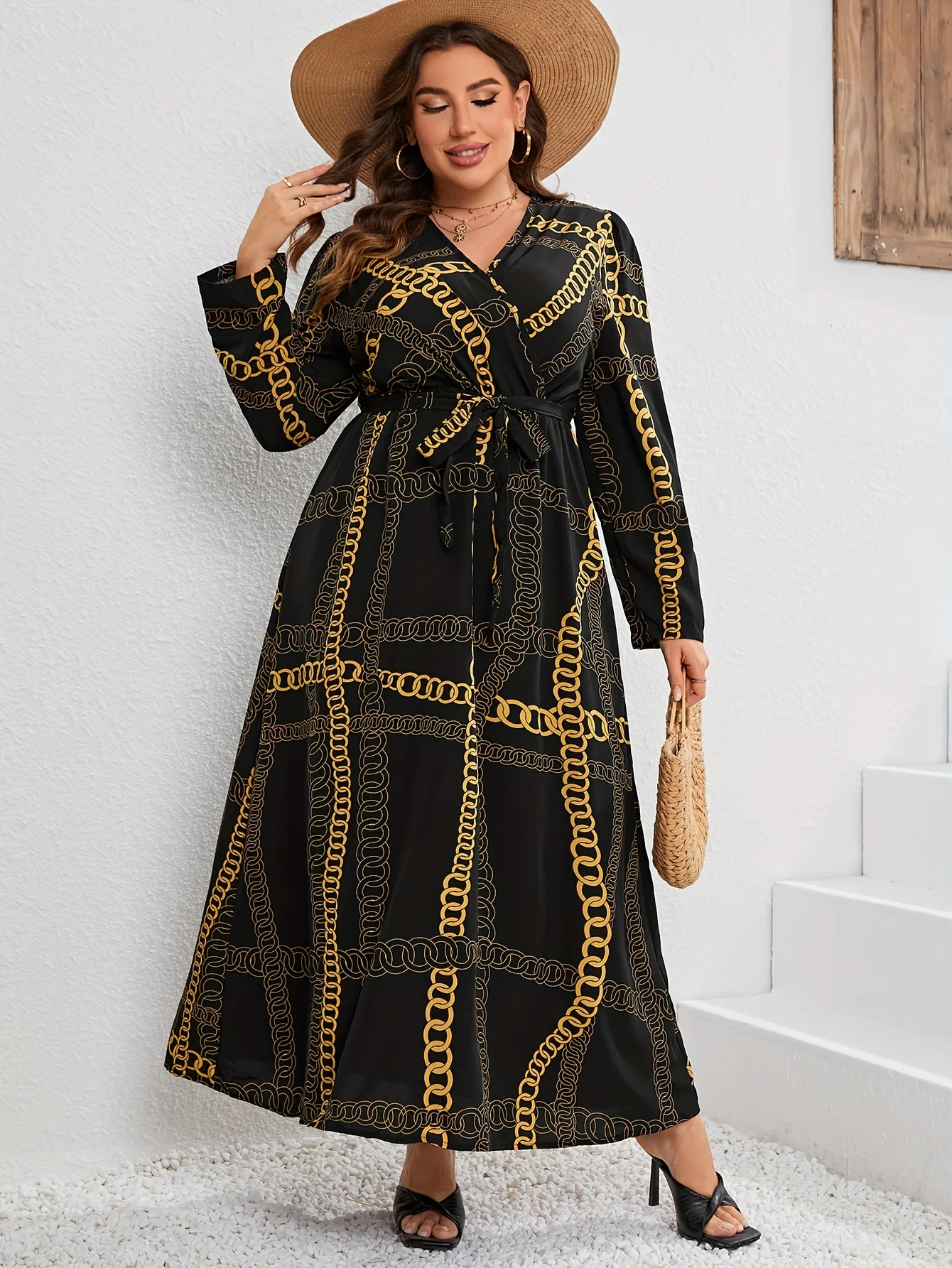 Plus Size Elegant Dress, Women's Plus Chian Print Long Sleeve Surplice Neck Slight Stretch Maxi Dress With Belt - Deanwangkt
