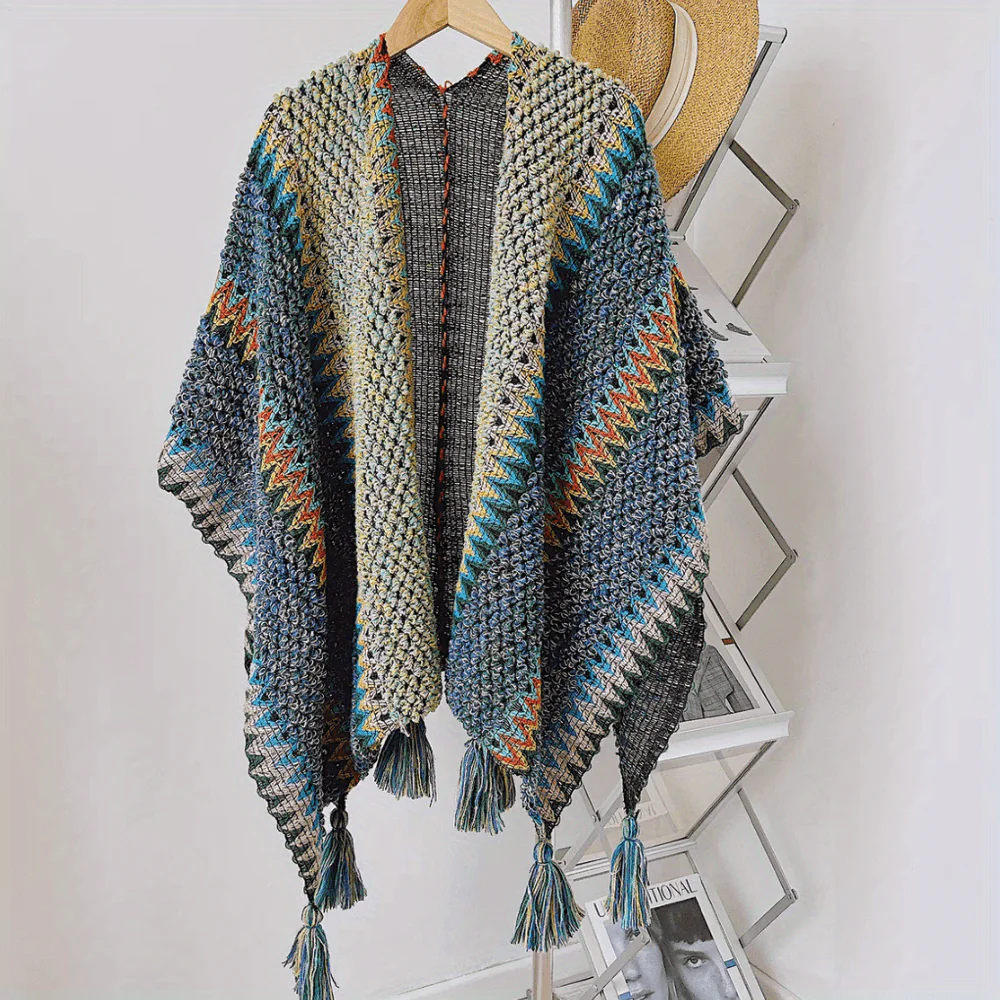 deanwangkt Vintage Stylish Loose Shawl Striped Tassel Chunky Cape Autumn Winter Women's Coat Bat Knitted Wrap - Deanwangkt