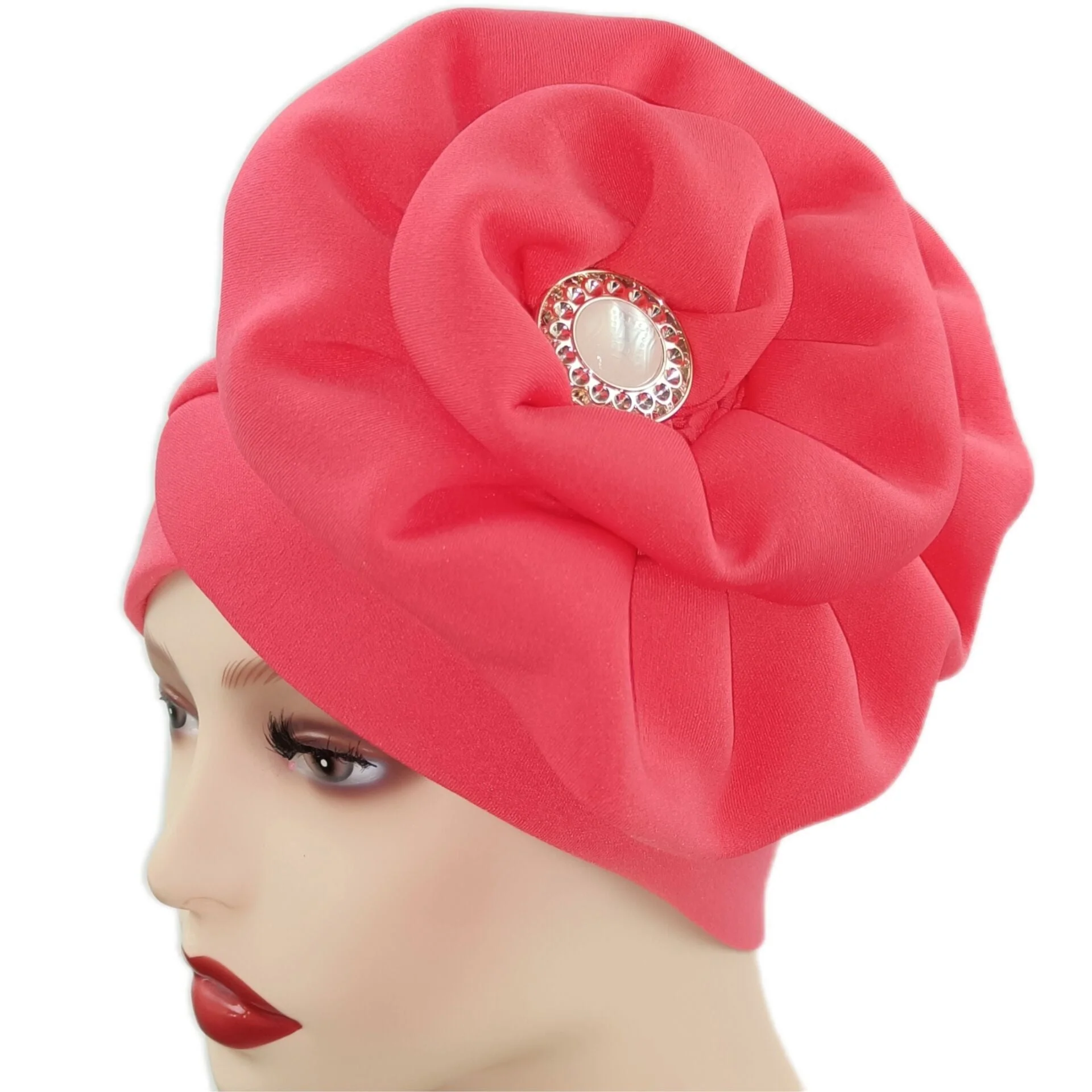 deanwangkt Solid African turban big flower design headtie cap for fashion women headwrap with badge - Deanwangkt