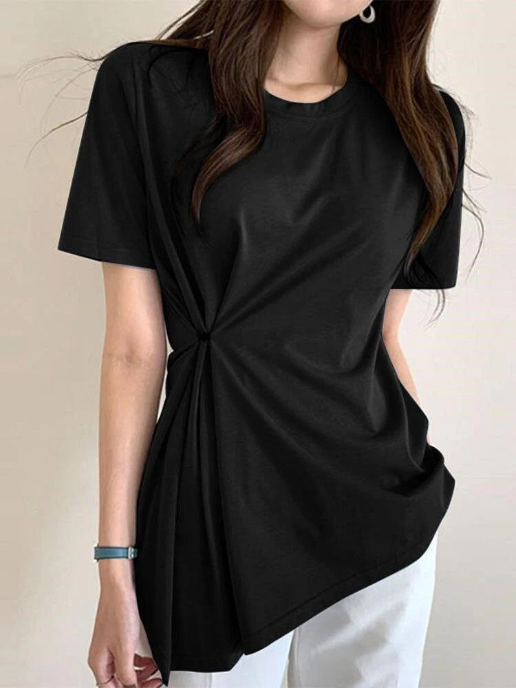 deanwangkt Bohemian Solid Button Down Front Irregular Hem Causal Blouse For Women - Deanwangkt