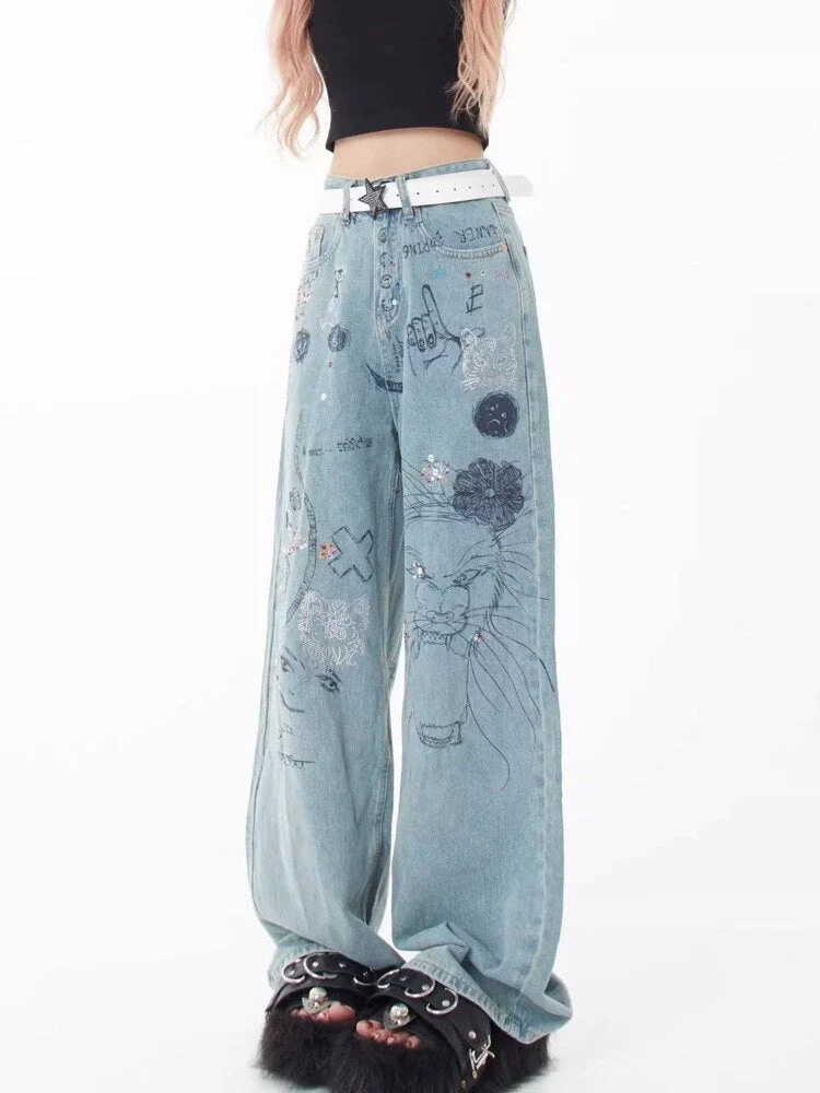 deanwangkt Spring and Autumn Season New Small Market Design Sense Print Graffiti Straight Barrel Personalized Jeans Women's Jeans - Deanwangkt