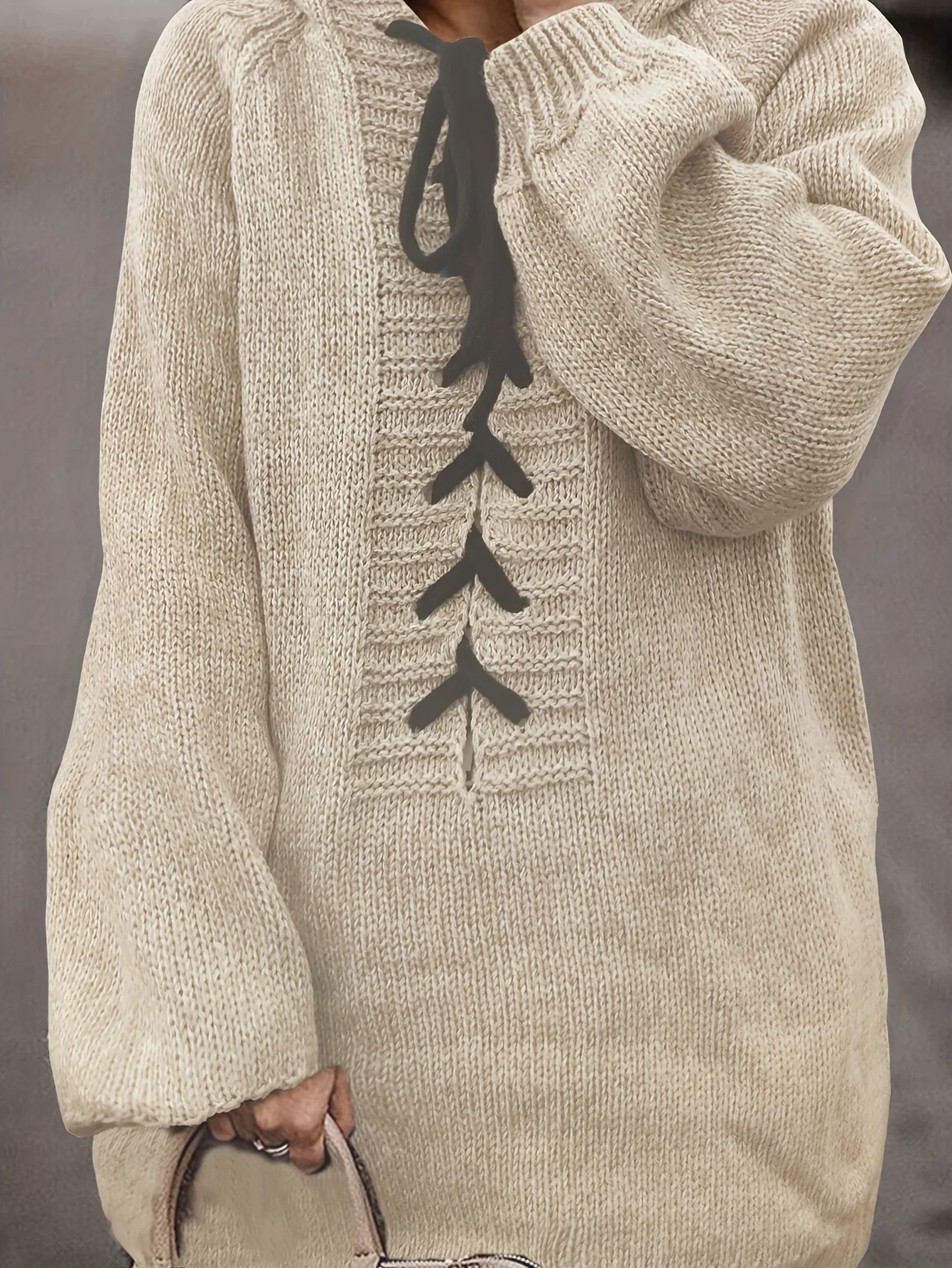 Solid Lace Up Drawstring Hooded Sweater, Casual Long Sleeve Loose Sweater For Fall & Winter, Women's Clothing - Deanwangkt