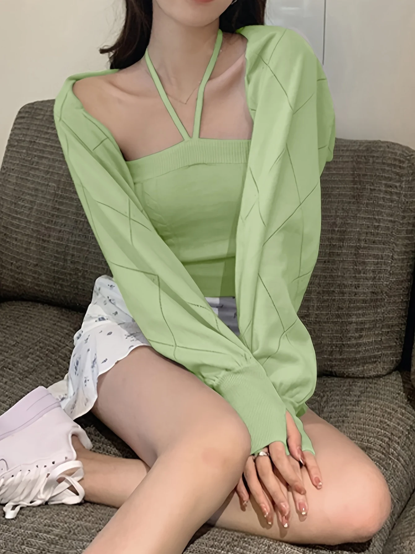 deanwangkt  Y2K Solid Two-piece Set, Sleeveless Halter Cami Top & Crop Shawl Sweater Top Outfits, Women's Clothing - Deanwangkt