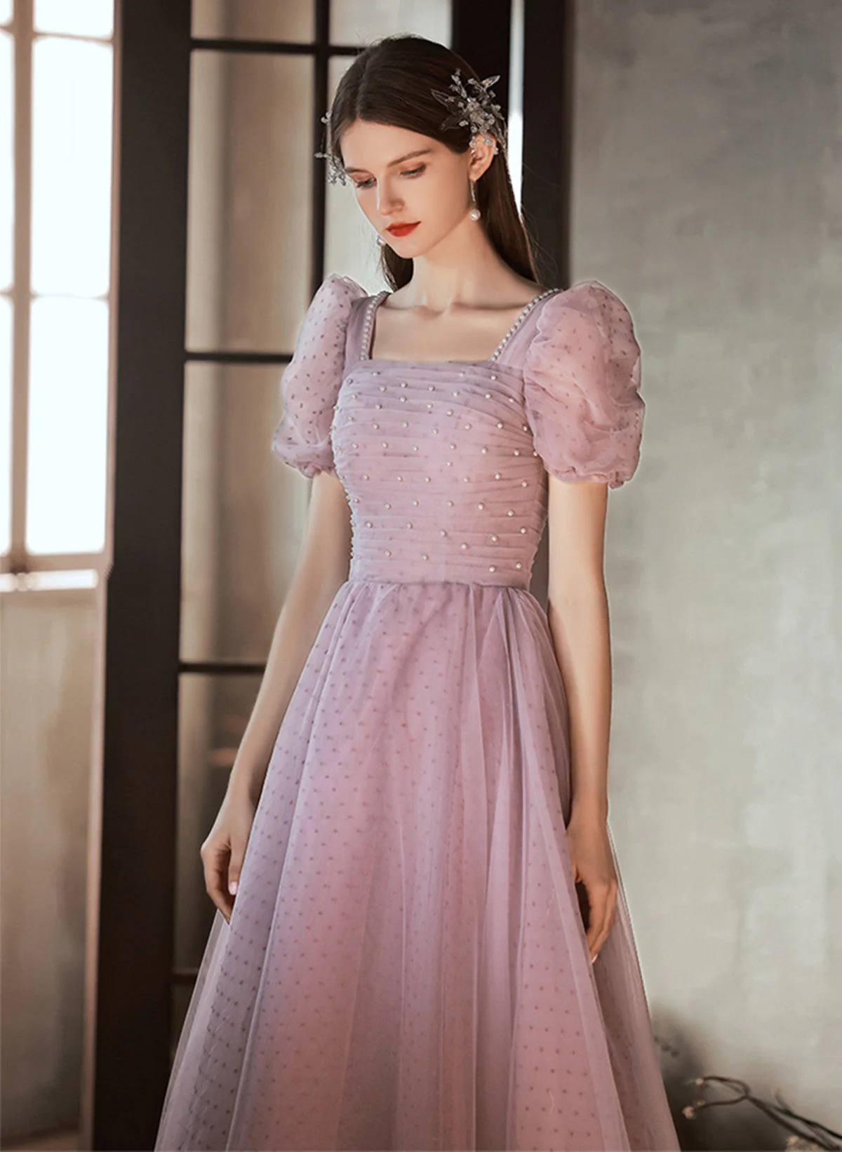 Solvbao Light Purple Tulle Long Formal Dress, A-line Tulle Short Sleeves Prom Dress - Deanwangkt