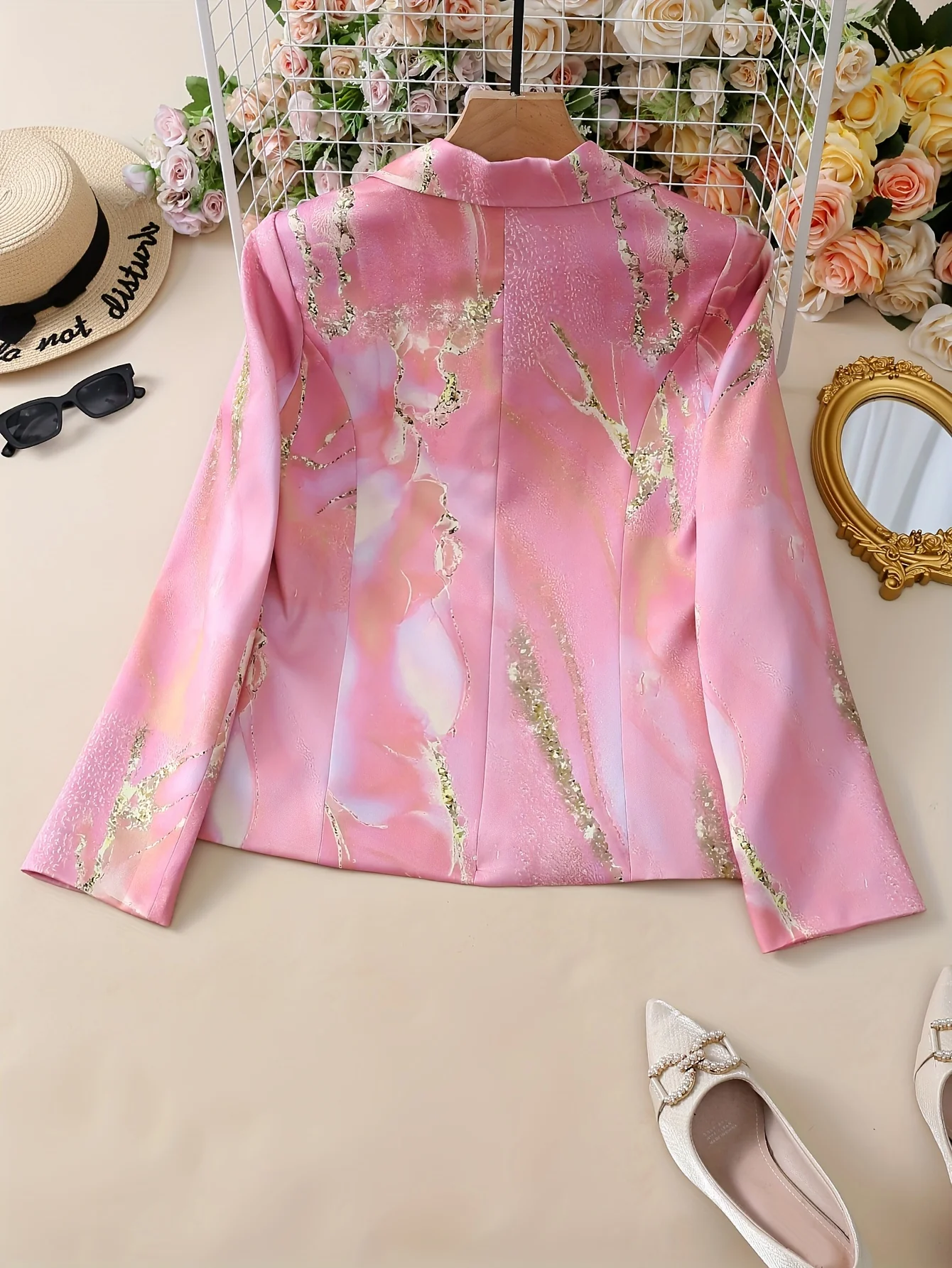 Marble Print Lapel Blazer, Casual Button Front Long Sleeve Outerwear, Women's Clothing - Deanwangkt