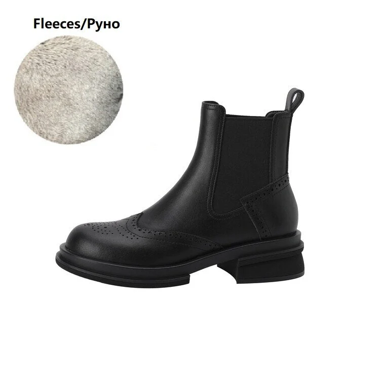deanwangkt Autumn Boots  Women Shoes Round Toe Chelsea Boots for Women Split Leather Brogues Winter Chunky Heel Ankle Boots Black Motorcycle Boots - Deanwangkt