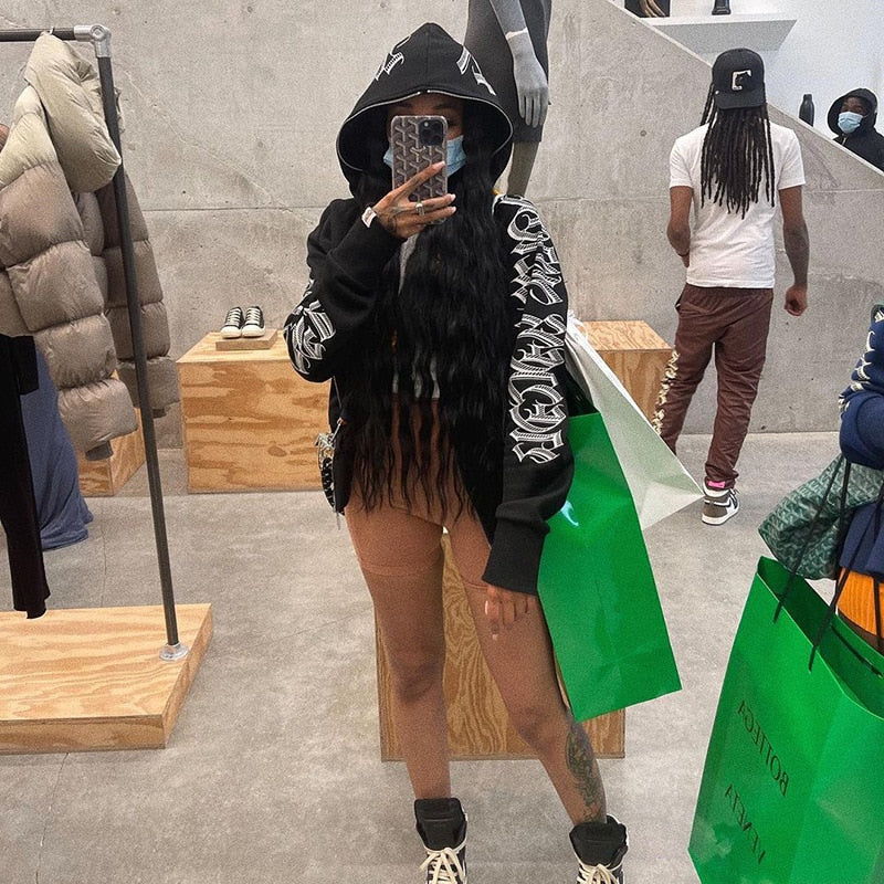 deanwangkt Letter Printed Zip Up Hoodies Women Autumn Winter Grunge Punk Hooded Jackets Coats Y2k Oversized Retro Streetwear Sweatshirts - Deanwangkt