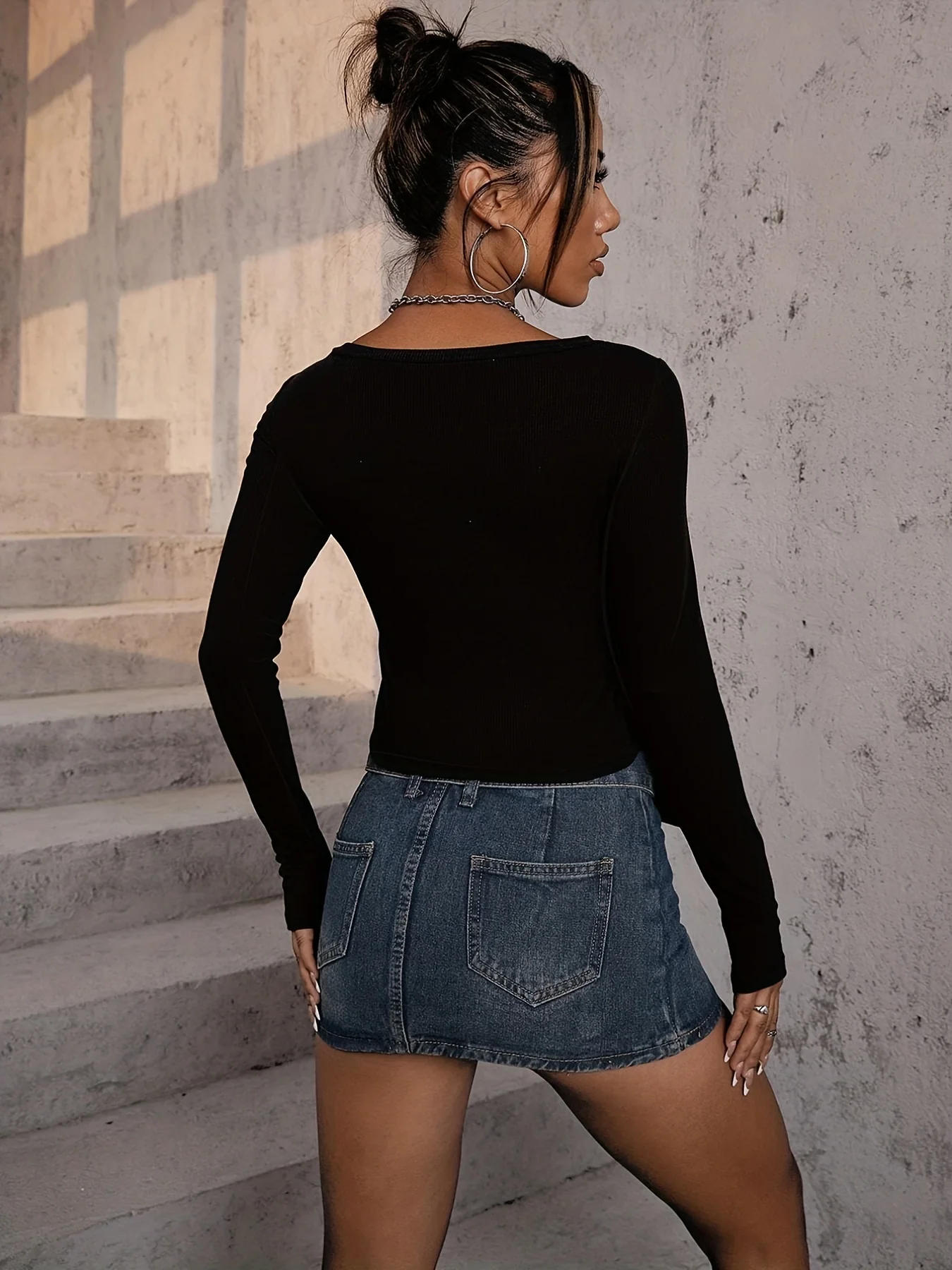 deanwangkt-1 Y2K Graphic V Neck Crop T-Shirt, Long Sleeve Skinny T-Shirt For Spring & Fall, Women's Clothing - Deanwangkt