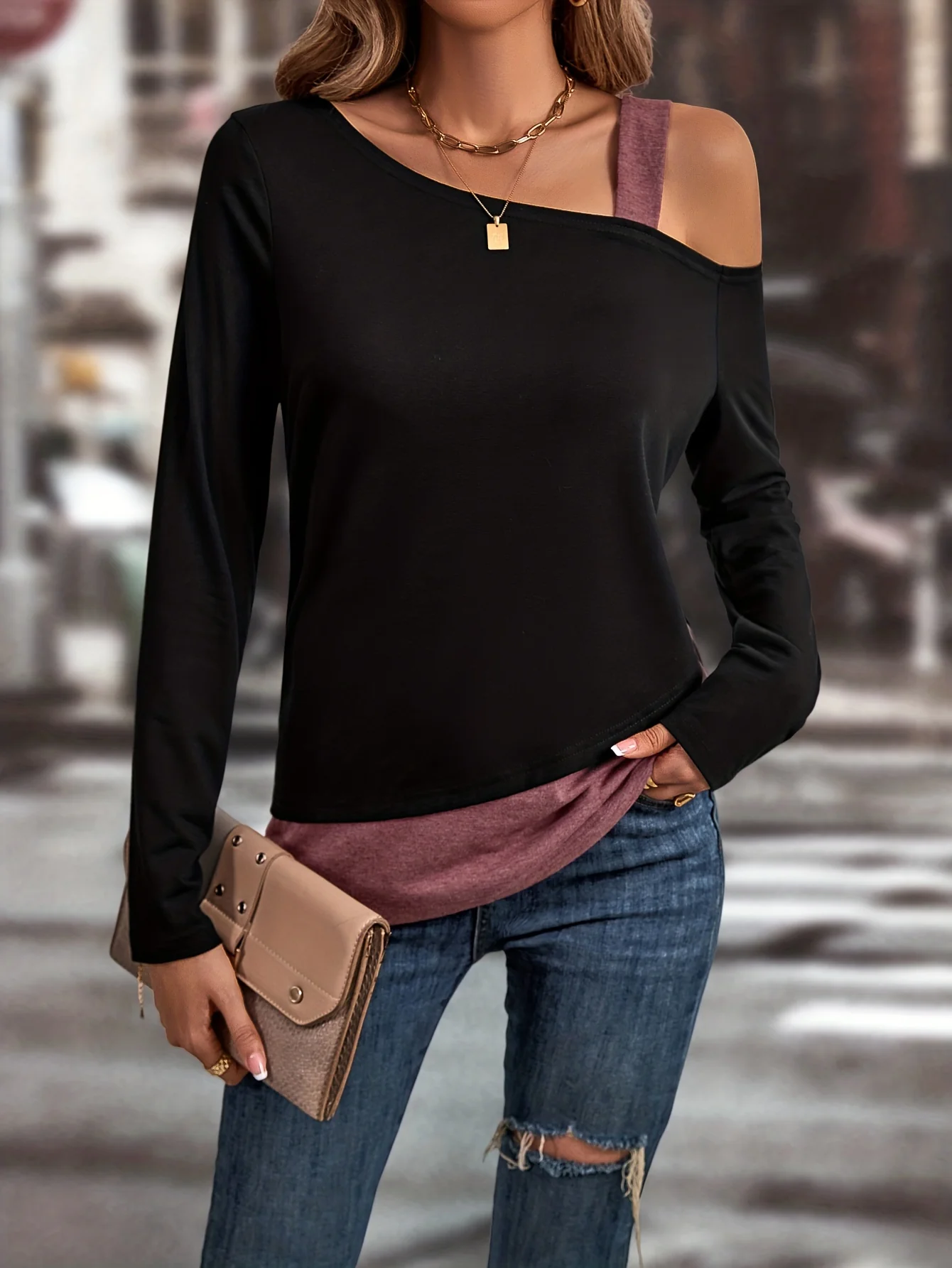 deanwangkt  Colorblock Cold Shoulder T-Shirt, Casual Long Sleeve Top For Spring & Fall, Women's Clothing - Deanwangkt