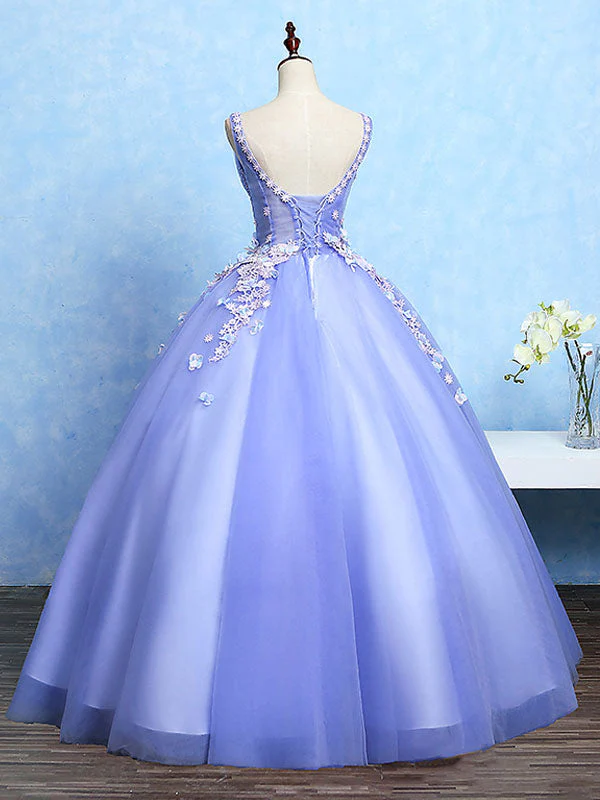 Solvbao Cute Lavender Tulle Ball Gown V-neckline Sweet 16 Dresses, Light Purple Formal Dresses - Deanwangkt