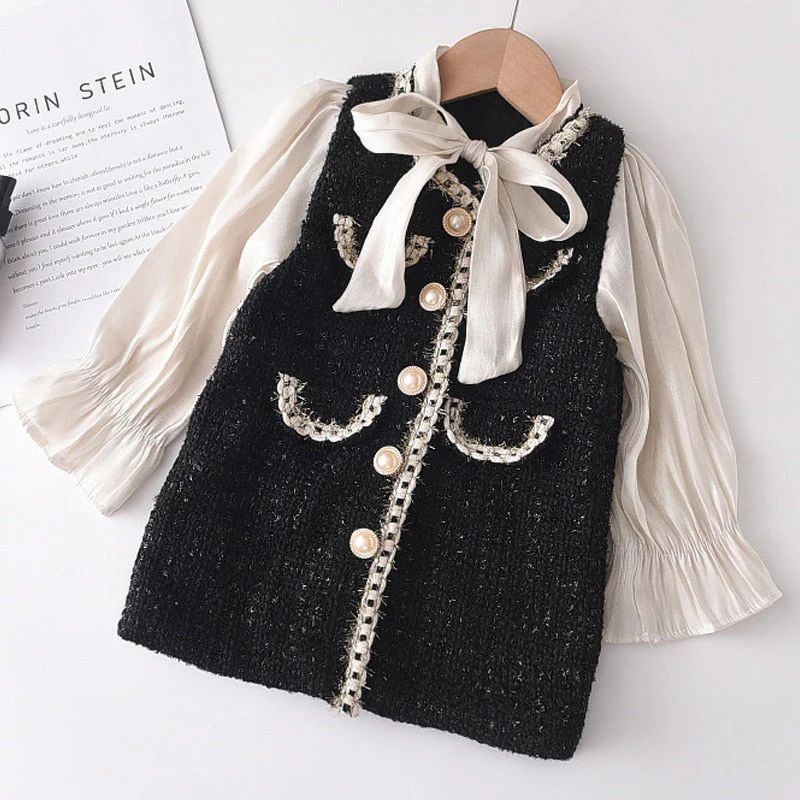 deanwangkt Baby Girl Clothes  Children Suits Korean Version Small Fragrance Girl Plaid Doll Collar Jacket + Love Vest Skirt 2Pcs Clothes Suit Wool Coat - Deanwangkt