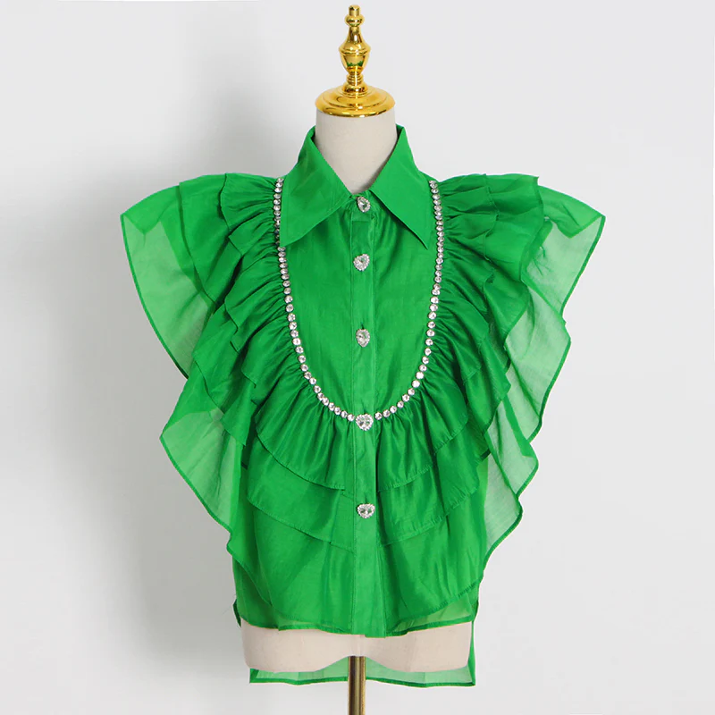 deanwangkt Casual Shirt For Women Lapel Sleeveless Solid Patchwork Ruffle Trim Blouses Female Summer Clothing Style New - Deanwangkt