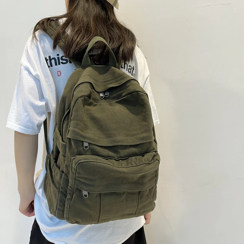 Back To School Student Shoulders Large Capacity Khaki Backpack Fashion Canvas Backpacks Female College Teen Computer Bag mochila - Deanwangkt