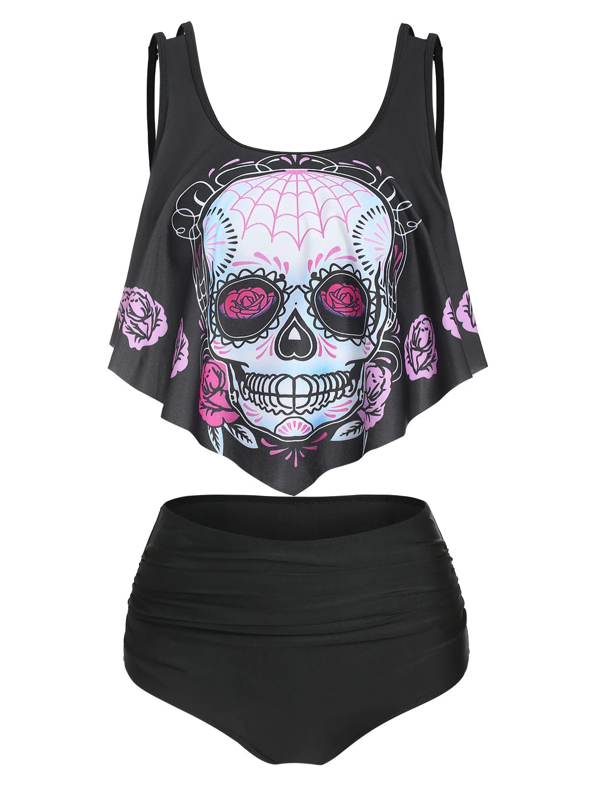 deanwangkt   Skull Print Bowknot Detail Padded Tankini Set Gothic Casual Women Plus Size Fashion Summer Sexy Two Piece Swimsuit Beach - Deanwangkt