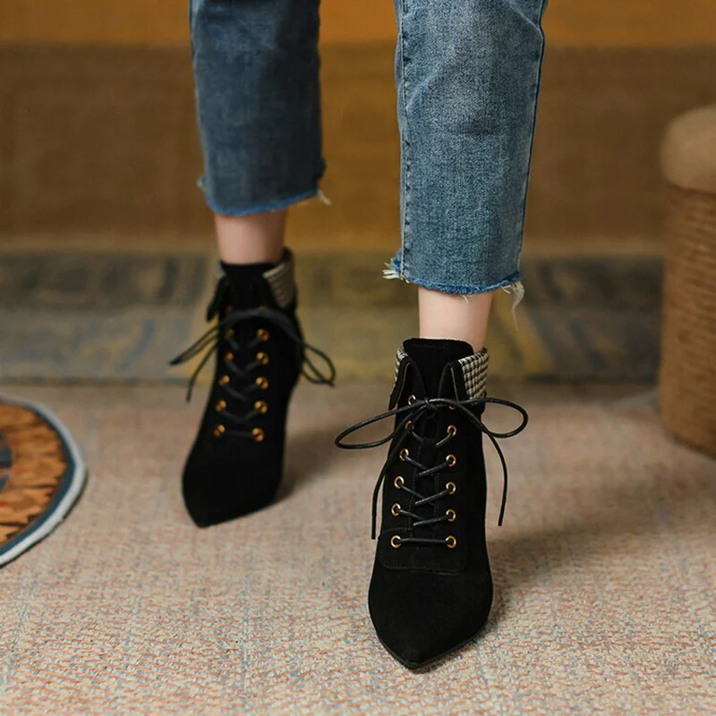 deanwangkt Autumn Boots   NEW Fall Shoes Women Pointed Toe High Heel Shoes Sheep Suede Thin Heel Shoes Plaid Ankle Boots Women Mature Lace-up Modern Boots - Deanwangkt
