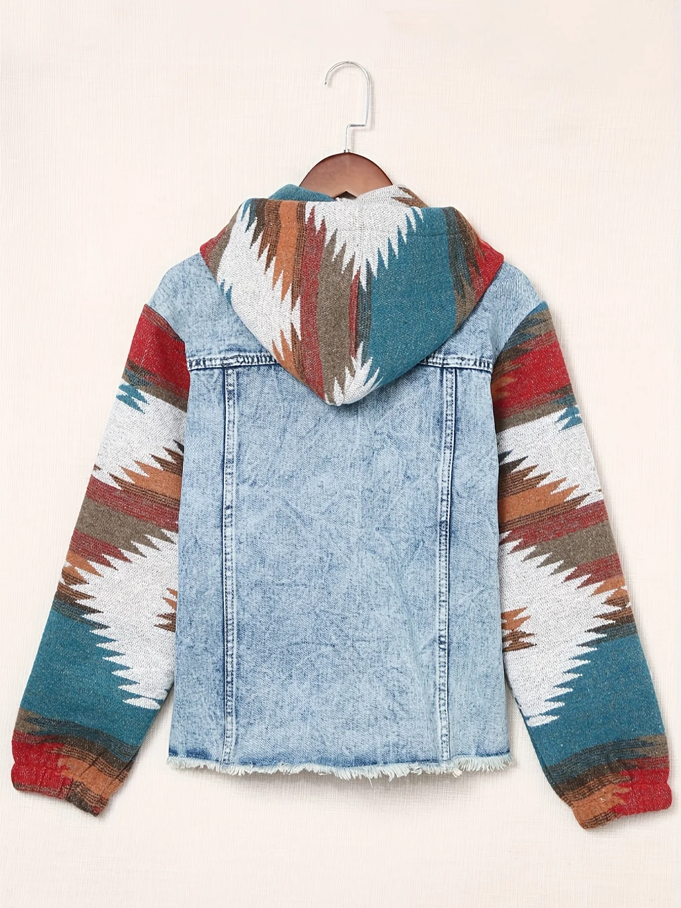 deanwangkt-1  Multicolor Geometric Print Denim Jackets, Long Sleeves Raw Hem Lapel  Hooded Denim Coats, Women's Denim Clothing - Deanwangkt