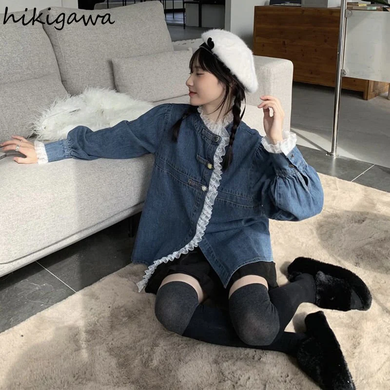 deanwangkt Denim Shirt Coat Women Sweet Lace Ruffles Loose Casual Blouses  Ropa Mujer Fashion Korean Blouses Tops Y2k Clothes - Deanwangkt