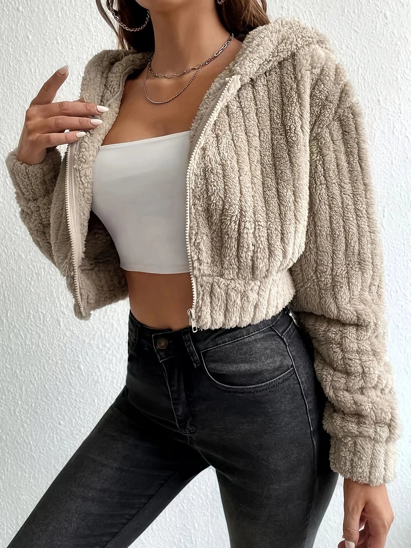 deanwangkt-1  Fuzzy Trim Fall & Winter Jacket, Casual Zip Up Hooded Long Sleeve Outerwear, Women's Clothing - Deanwangkt