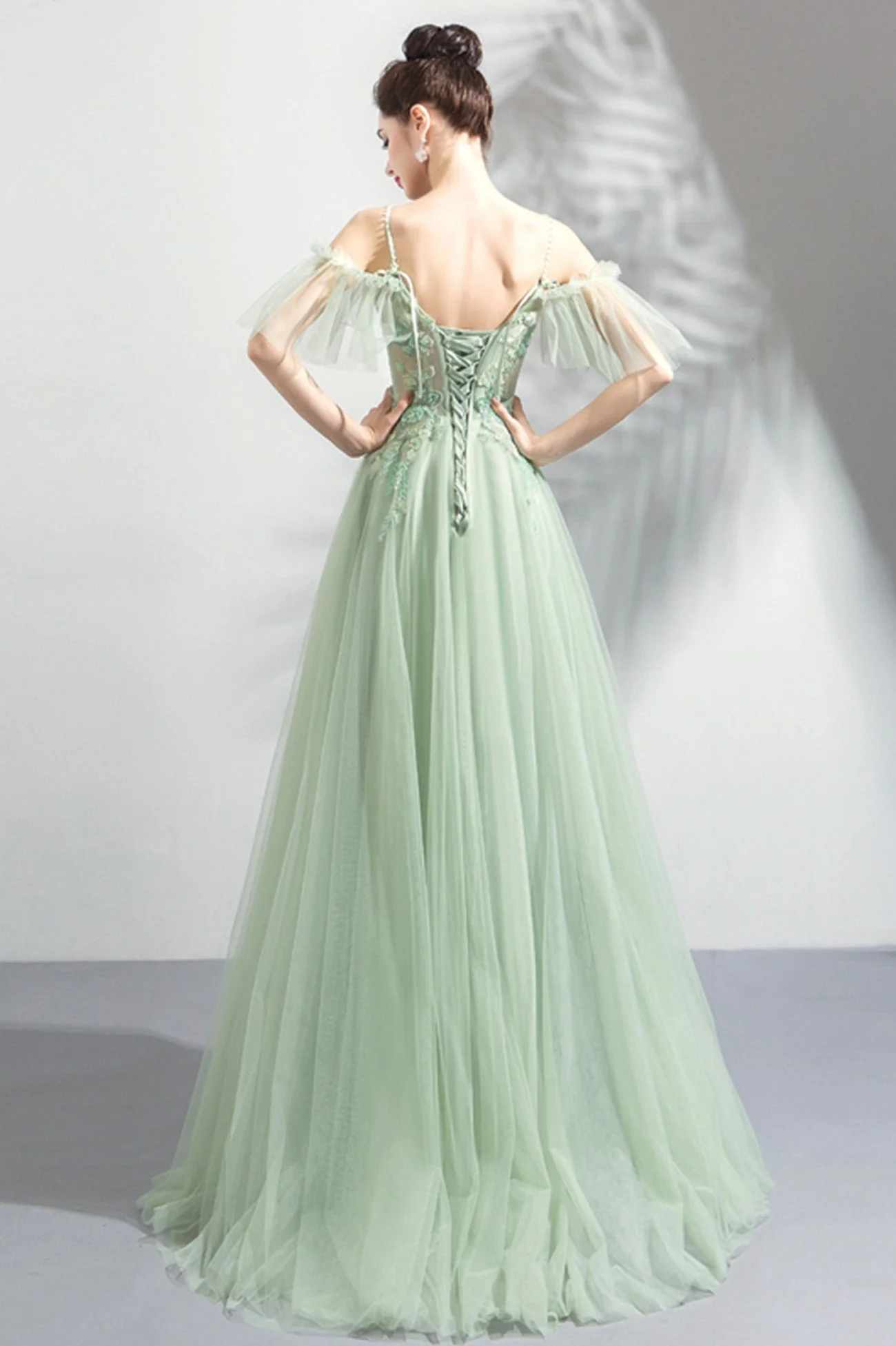 solvbao Green Lace Floor Length Prom Dresses, A-Line Off the Shoulder Evening Dresses - Deanwangkt